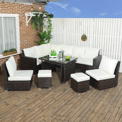 Outsunny 7 Piece Rattan Garden Furniture Set with Cushioned Sofa Seat, Footstools and Expandable Glass Table, 10-Seater, Cream | Aosom UK