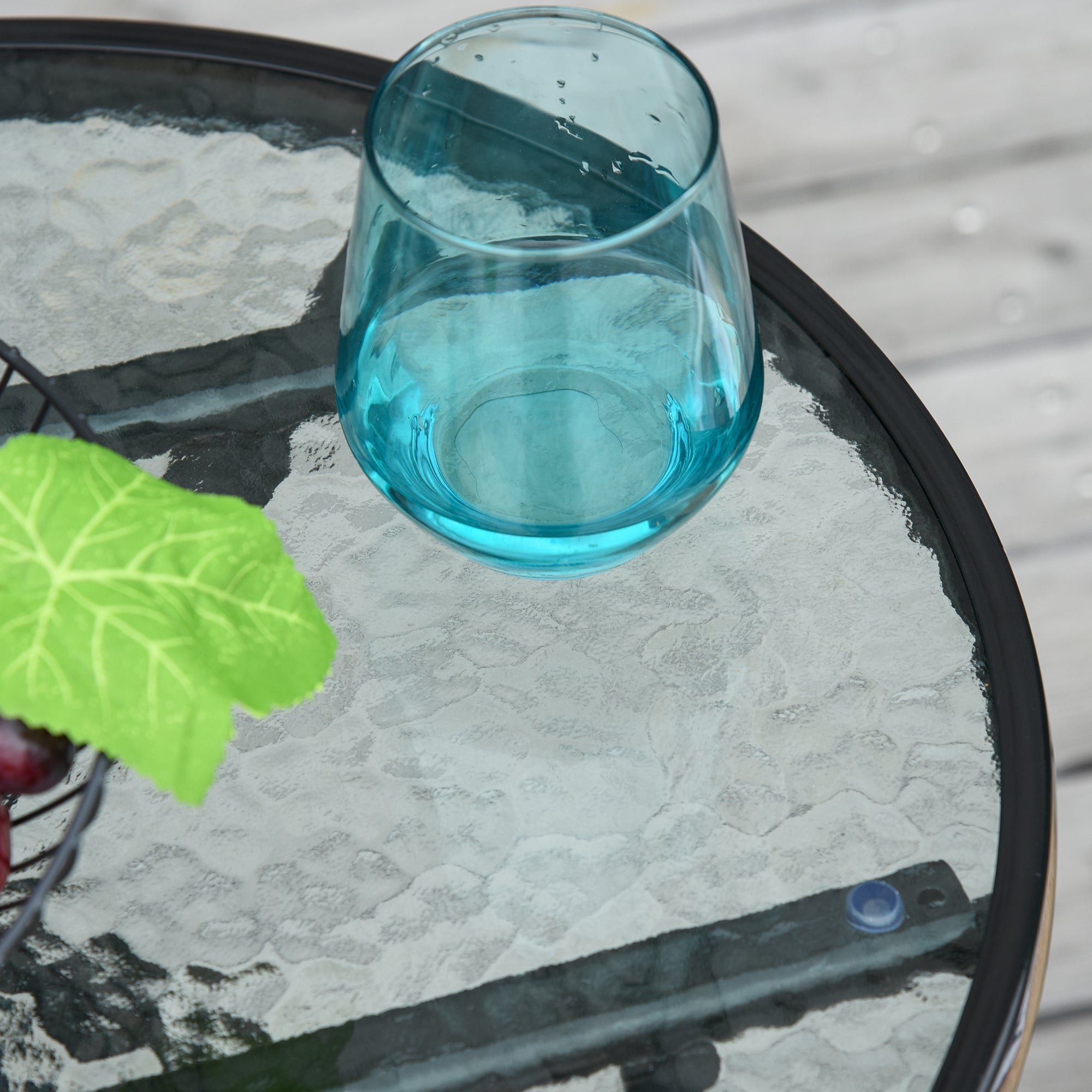 Kozy Foldable Garden Table, Round Folding Table with Glass Tabletop and Safety Buckle for Patio, Garden, Outdoor, Indoor, Black