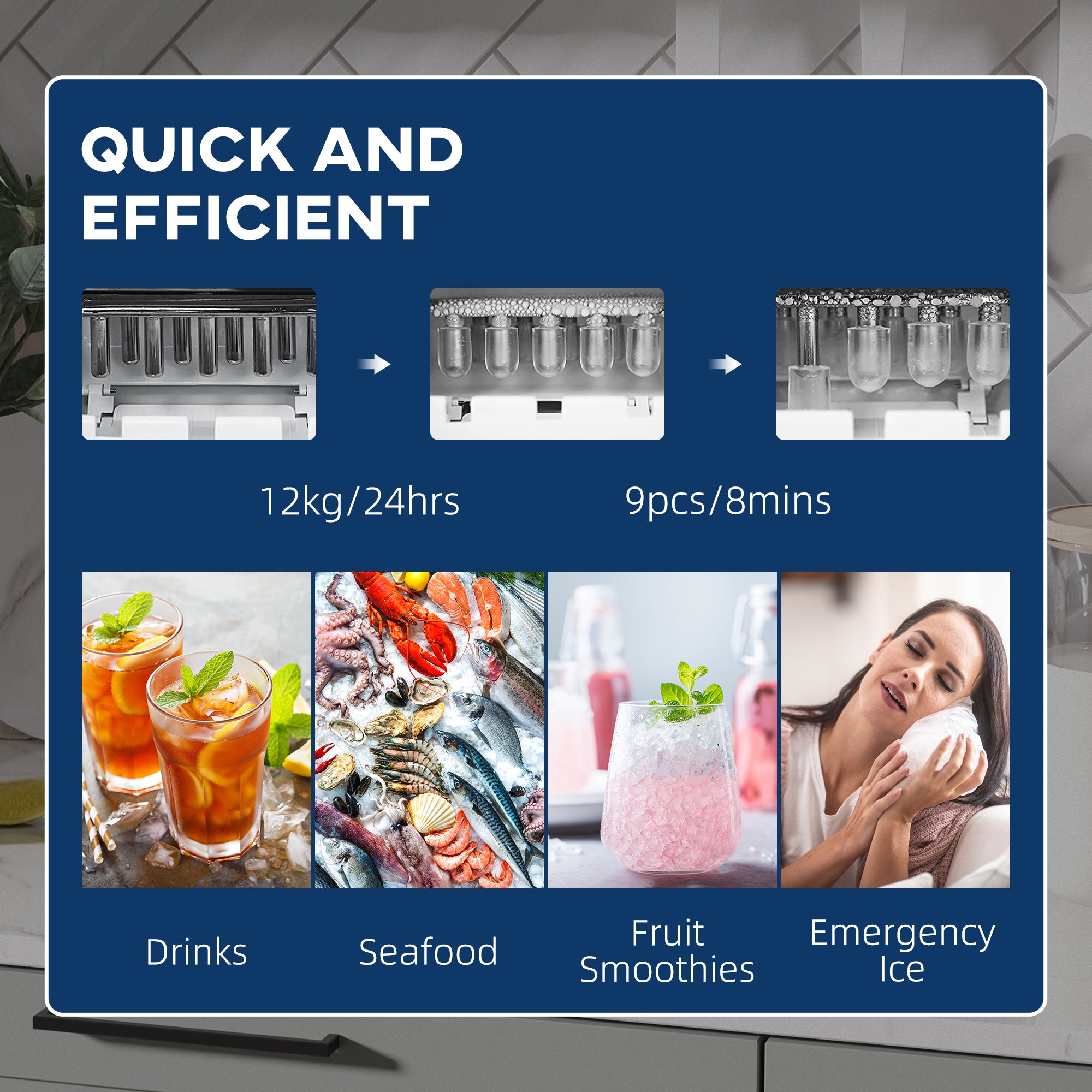 Kozy Ice Maker Machine Countertop, 9 Ice Cubes in 8 Mins, 12KG in 24Hrs, Self-Cleaning Portable Ice Cube Maker w/ Adjustable Ice Size, Ice Scoop, Basket, Stainless Steel, No Plumbing Required, Black