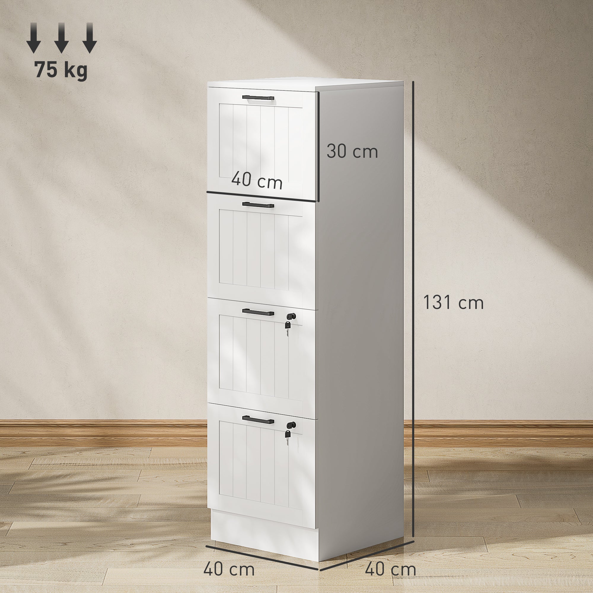 Kozy 4 Drawer Filing Cabinet with Lock, Office Storage Cabinet with Adjustable Hanging Bars for A4 Letter Size Files, White