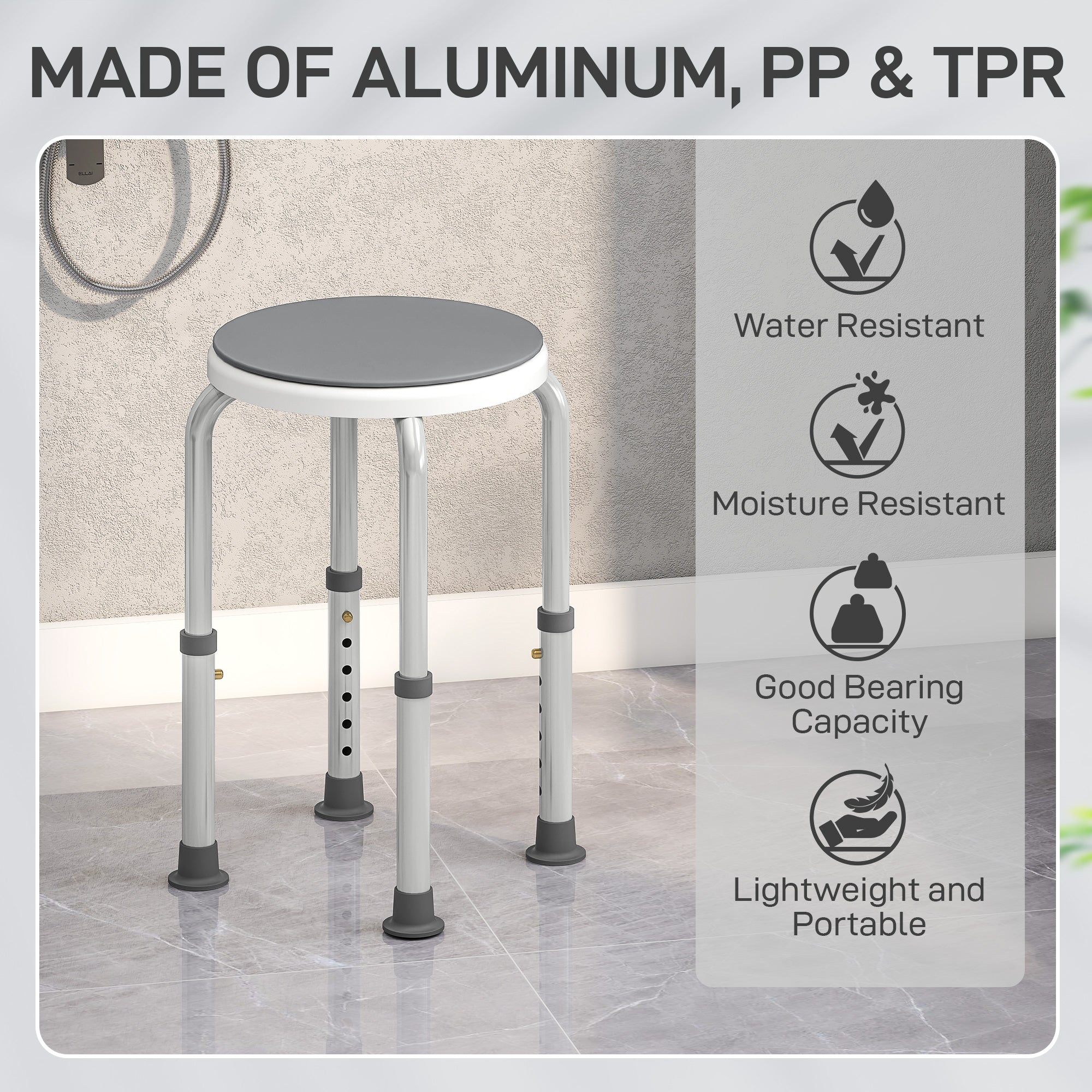 Kozy - 360° Swivel Shower Chair, Height Adjustable Aluminium Shower Stool with Non-Slip Feet for Disabled, Elderly, Grey