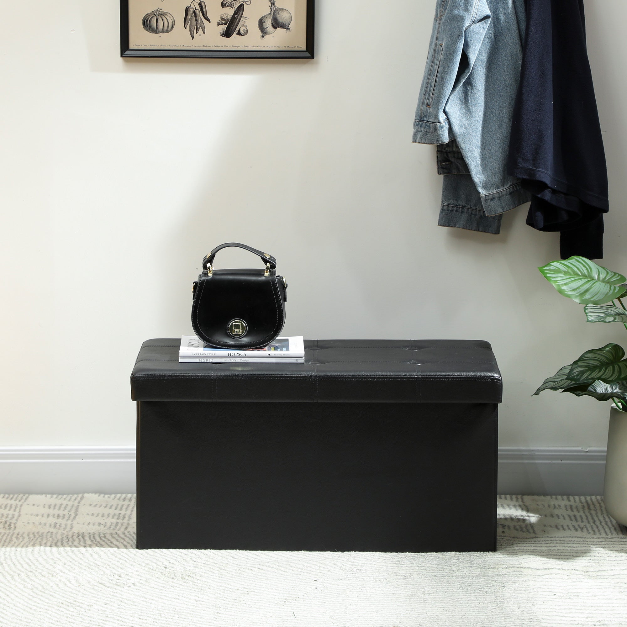 Kozy Storage Ottoman Bench, 89L PU Leather Folding Foot Rest Stool, End of Bed Bench, Easy Assembly, for Living Room, Bedroom, Entryway, Grey