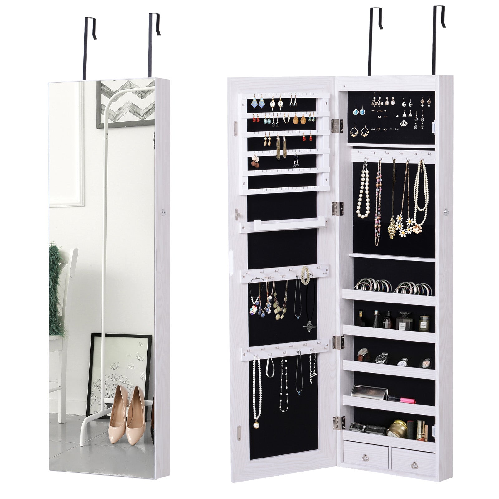 HOMCOM Mirrored Jewellery Cabinet, Door/Wall Mounted Organiser, Lockable with 6 LED Lights, White