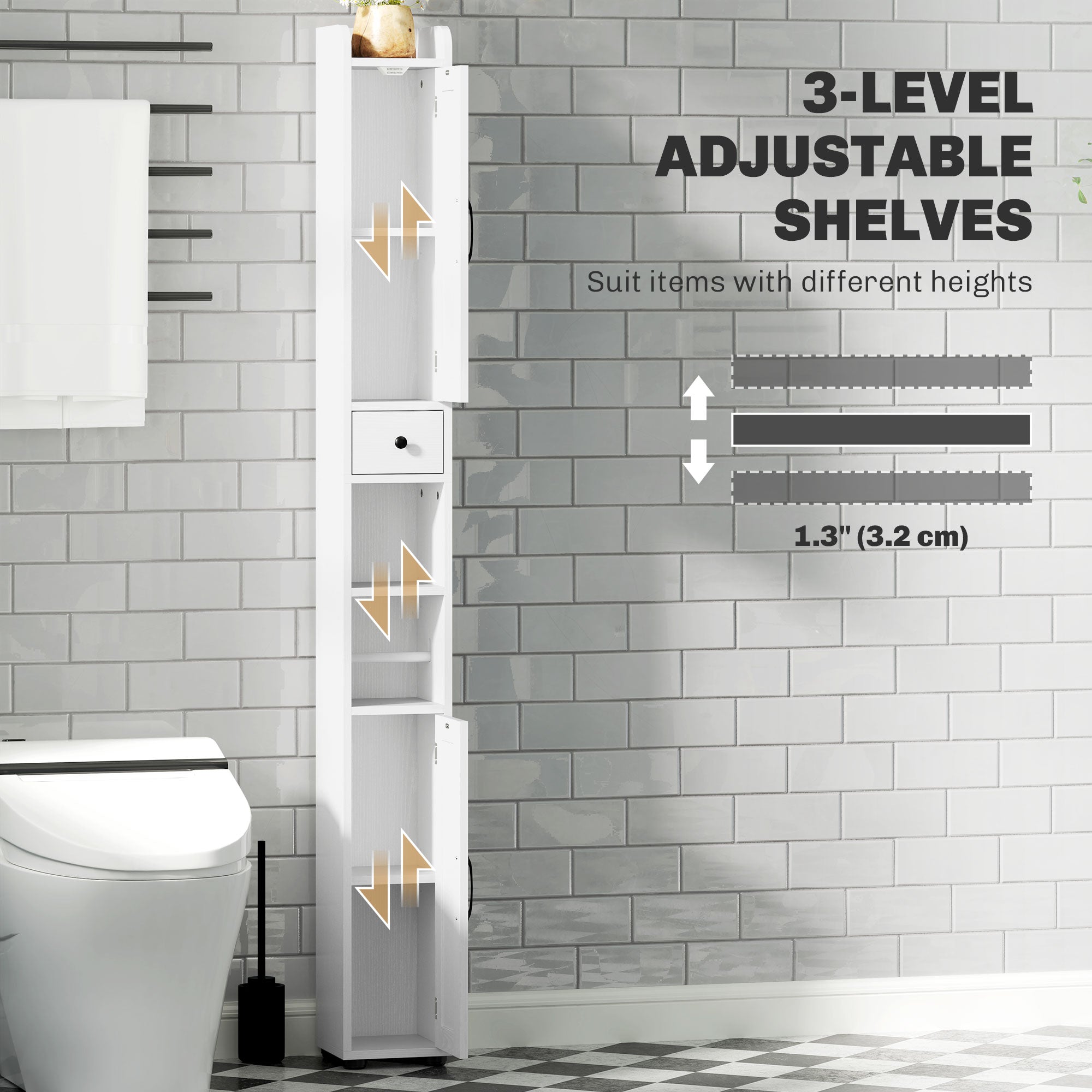 Kozy - Tall Bathroom Cabinet, Farmhouse Slim Bathroom Storage Cabinet with Barn Doors, Toilet Paper Roll Holder, Drawer and Adjustable Shelves, Narrow Bathroom Storage Unit, 20 x 20 x 185cm, White