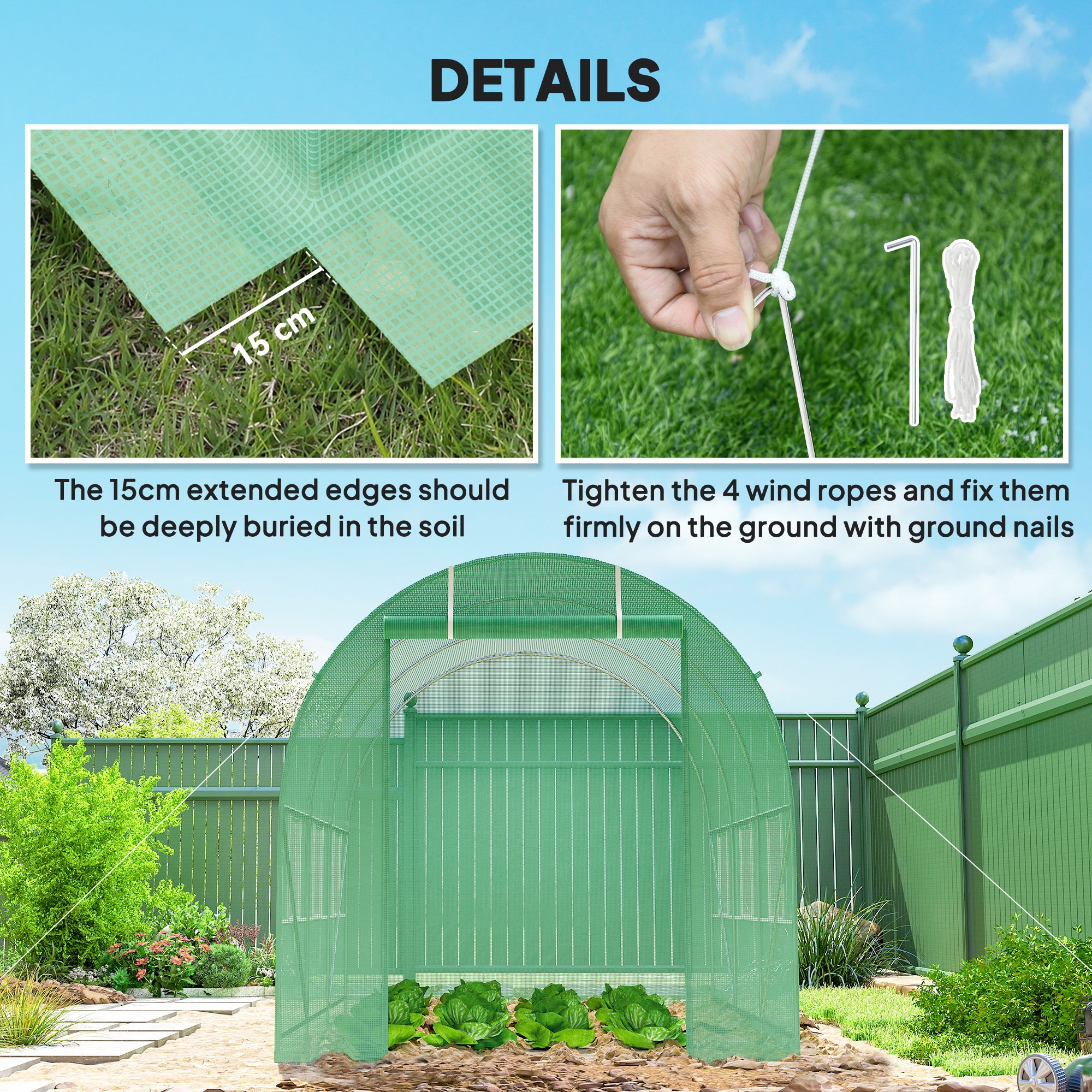 Kozy 3.5 x 2m Walk-In Polytunnel Greenhouse, with Steel Frame, PE Cover, Roll-Up Door and 6 Windows, Green
