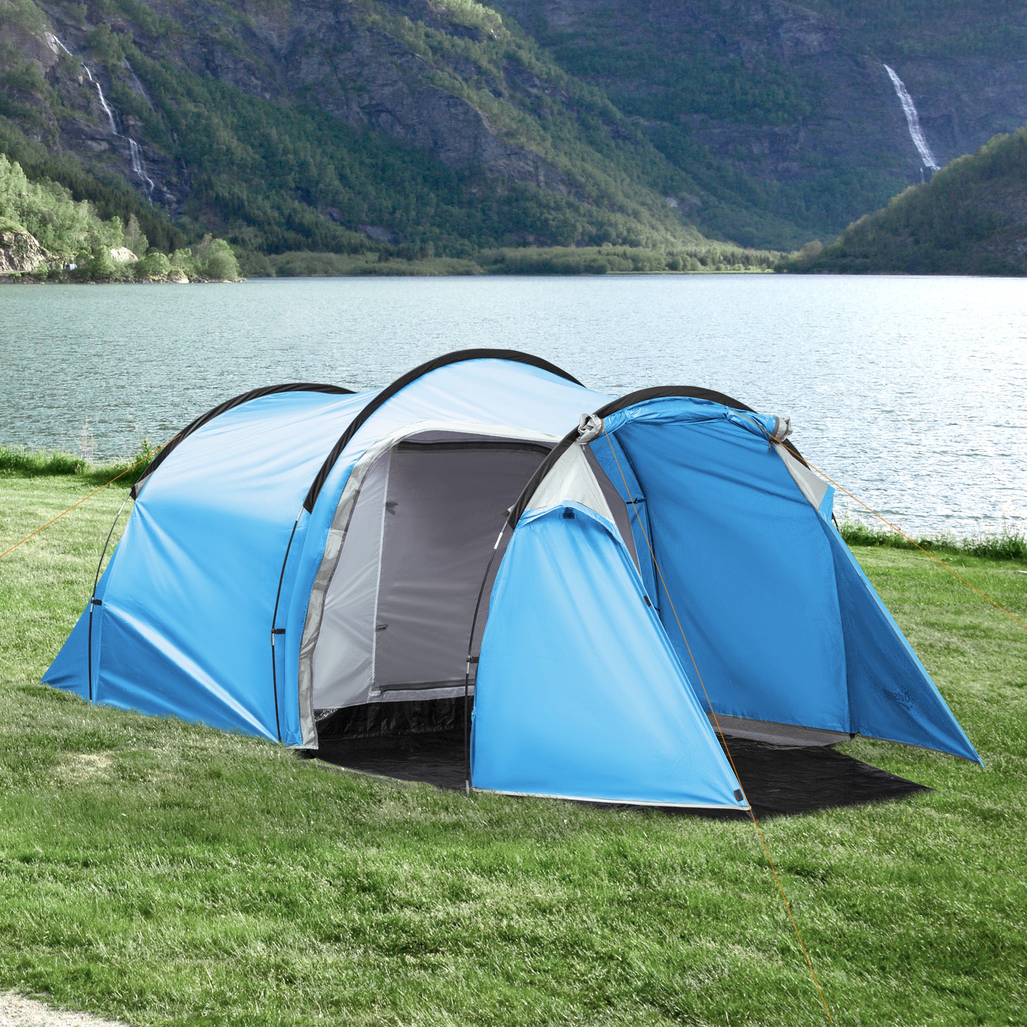 Kozy 2-3 Man Tunnel Tent with Vestibule, Weather-Resistant Camping Tent with Air Vents for Fishing Hiking, Light Blue & Grey