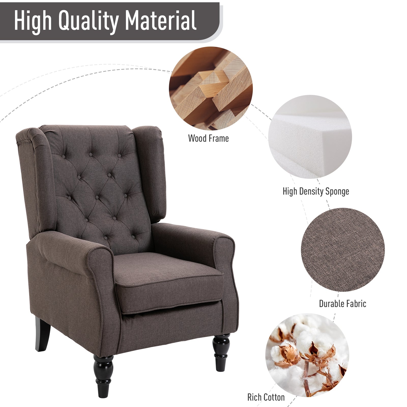 Retro Accent Chair, HOMCOM Wingback Armchair with Wood Frame Button Tufted Design for Living Room Bedroom, Brown | Aosom UK