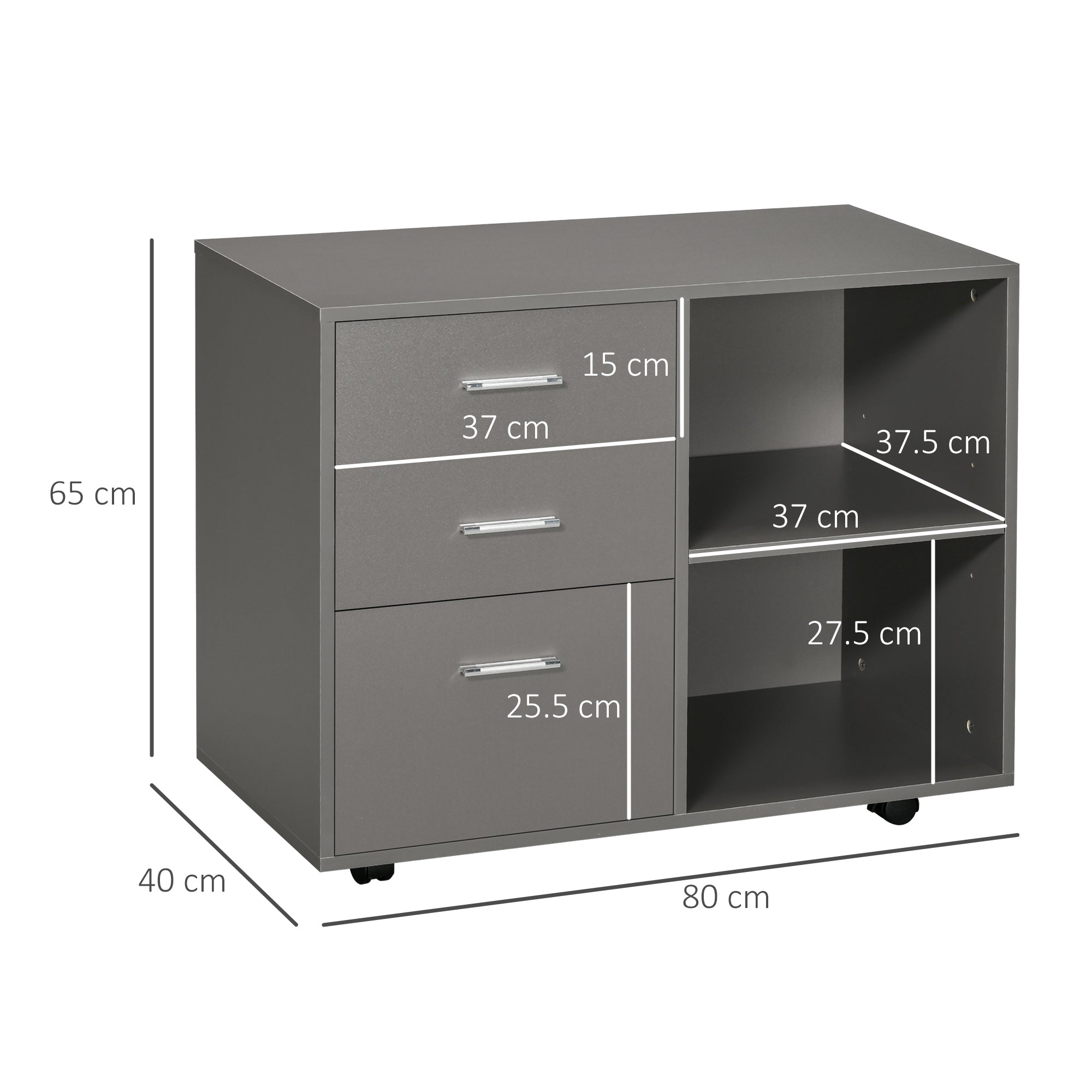 Kozy Freestanding Printer Stand Unit Office Desk Side Mobile Storage w/ Wheels 3 Drawers, 2 Open Shelves Modern Style 80L x 40W x 65H cm - Grey