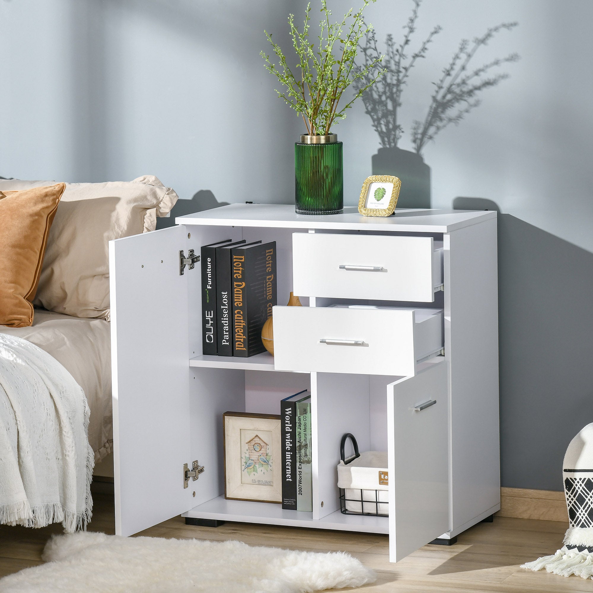 Kozy Sideboard, Modern Storage Cabinet with 2 Drawers, 2 Doors and Adjustable Shelf, Kitchen Cabinet for Living Room, Dining Room, High Gloss White