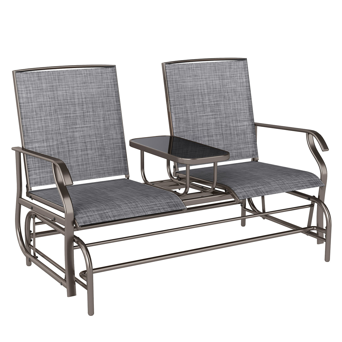Kozy 2 Seats Garden Glider Bench, Metal Frame Loveseat with Glass Top  Centre Table, Porch Rocking Glider for 2 Person, for Deck, Patio, Brown/ Grey