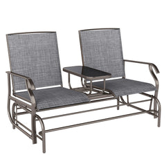 Kozy 2 Seats Garden Glider Bench, Metal Frame Loveseat with Glass Top  Centre Table, Porch Rocking Glider for 2 Person, for Deck, Patio, Brown/ Grey
