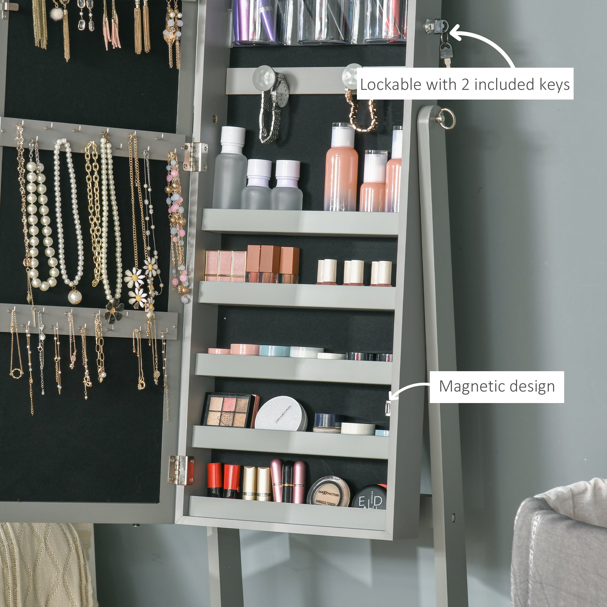 Kozy Jewellery Cabinet with LED Light, Lockable Jewellery Organiser with Full-Length Mirror for Bedroom Dressing Room, Grey