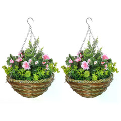 Outsunny Set of 2 Artificial Plant Lisianthus Flowers Hanging Planter with Basket for Indoor Outdoor Decoration