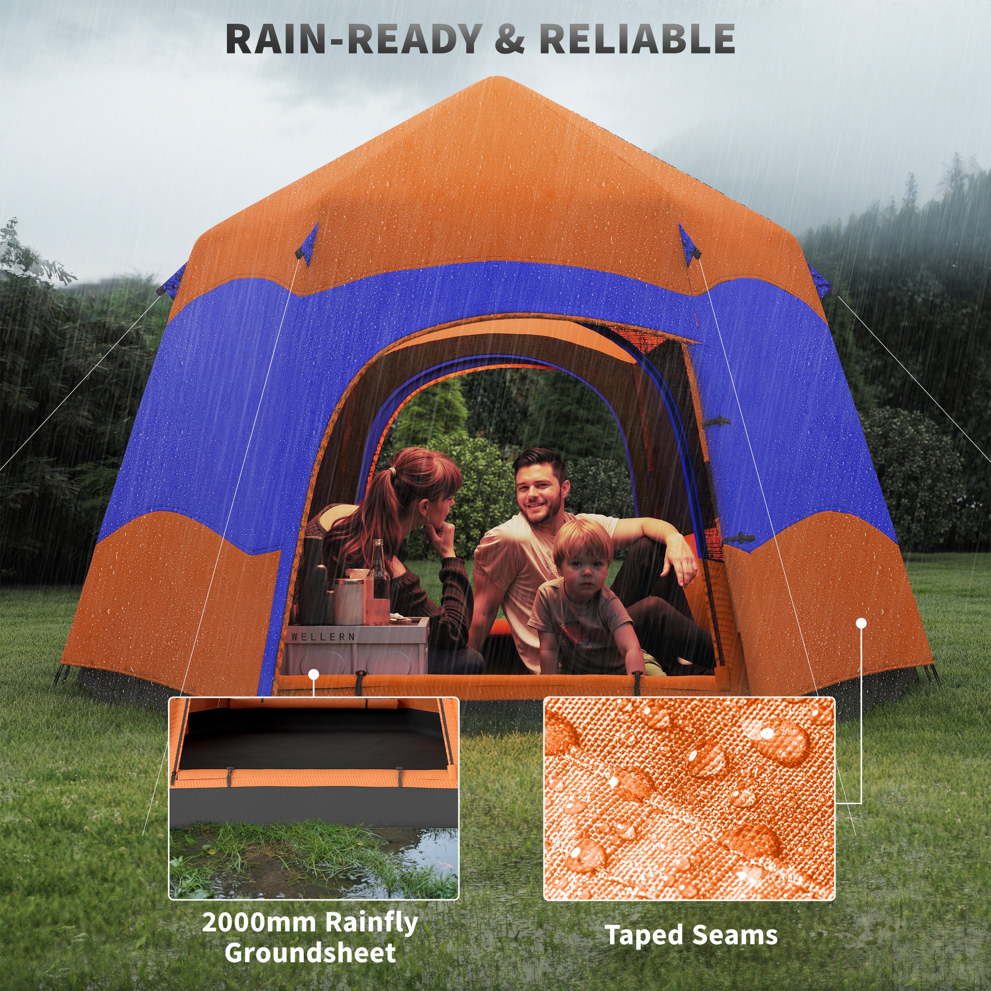 Kozy Six Man Hexagon Camping Tent with Hang Hook and Carry Bag - Orange and Blue