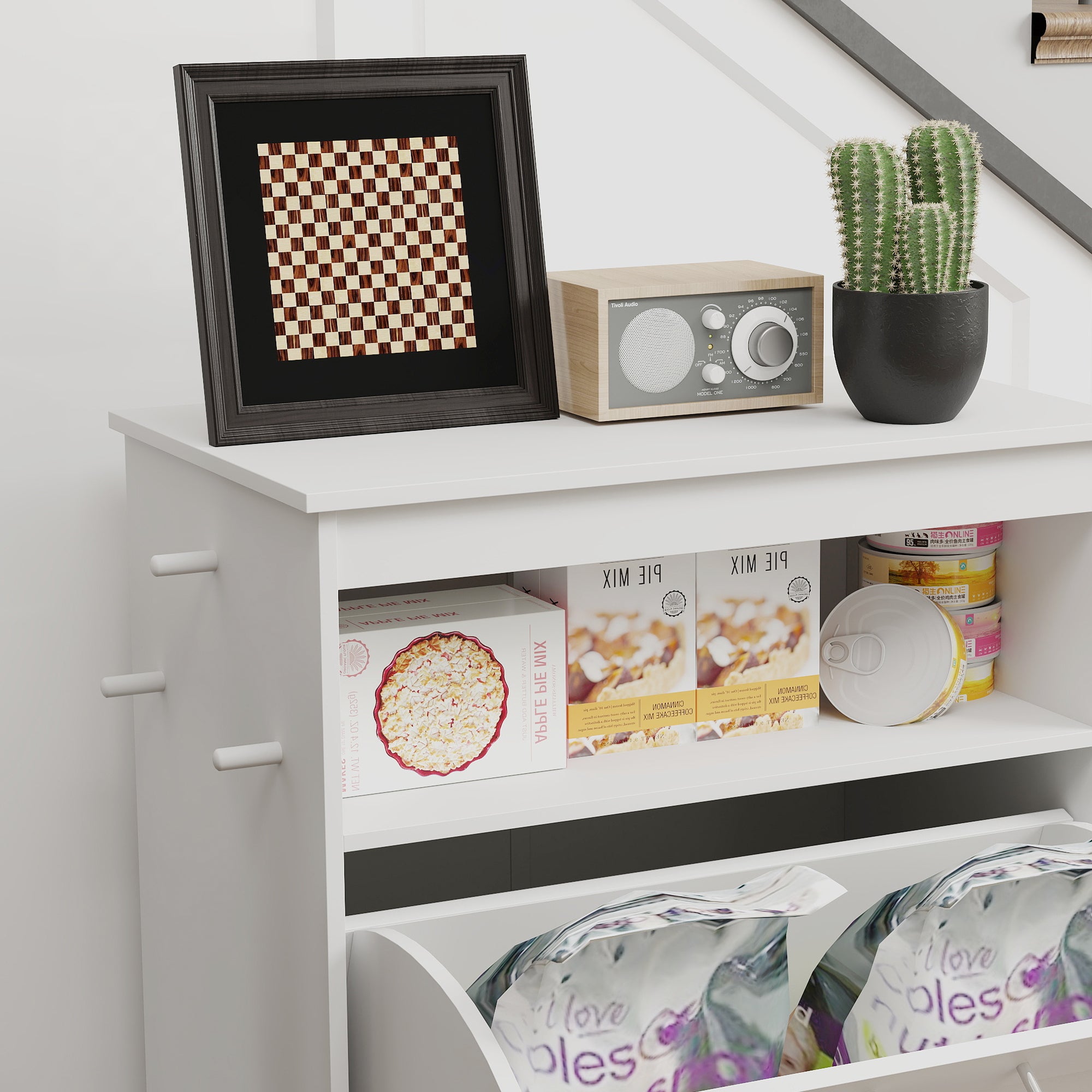 Kozy Pet Feeder Station, Dog, Cat Storage Container, with Raised Bowls, Hanger, Cabinet - White