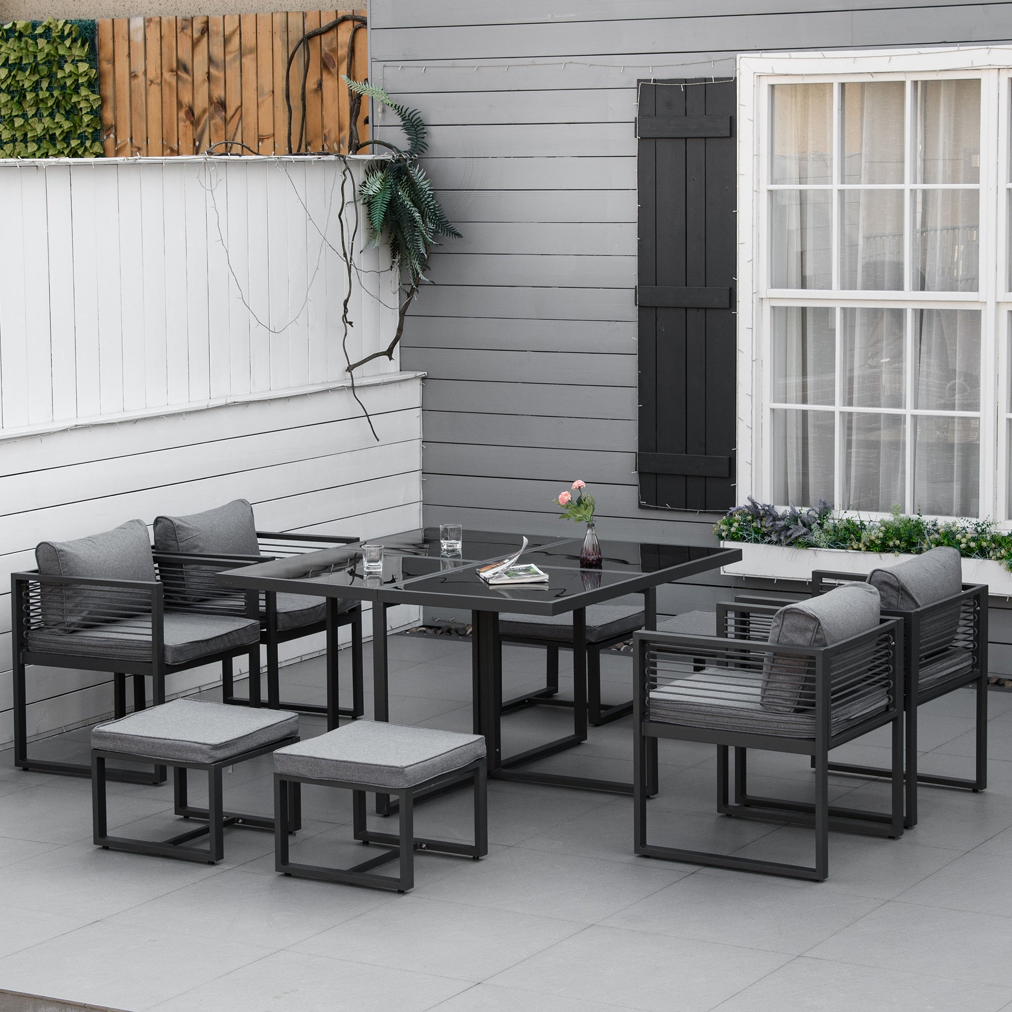 Kozy Nine-Piece Aluminium Garden Set, with Glass-Top Table - Grey