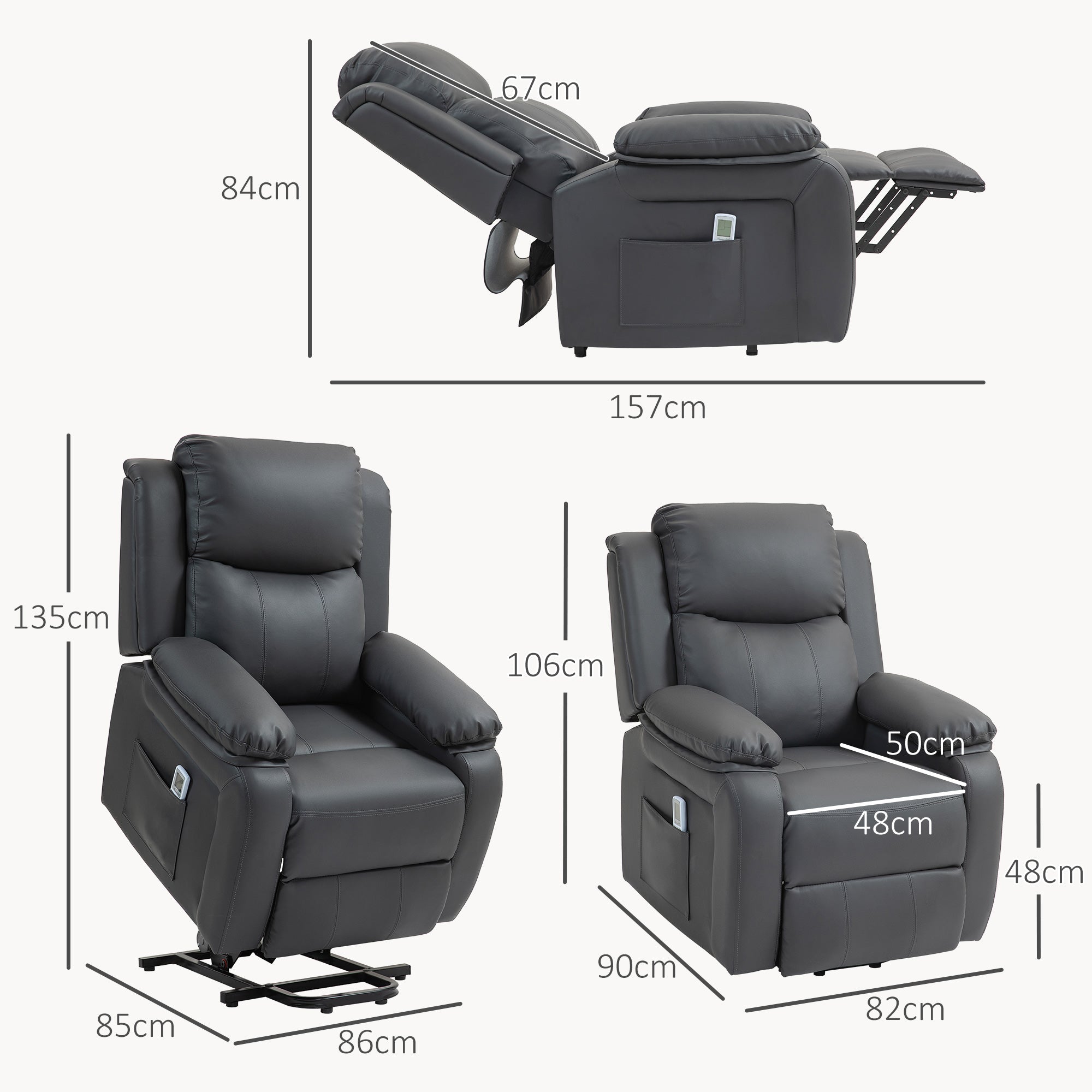 Kozy - Riser and Recliner Chair with Massage, Heat, Power Lift Recliner Chair for Elderly with Remote Control, Extended Footrest, Dual Side Pockets, Overstuffed Electric Reclining Armchair, Dark Grey