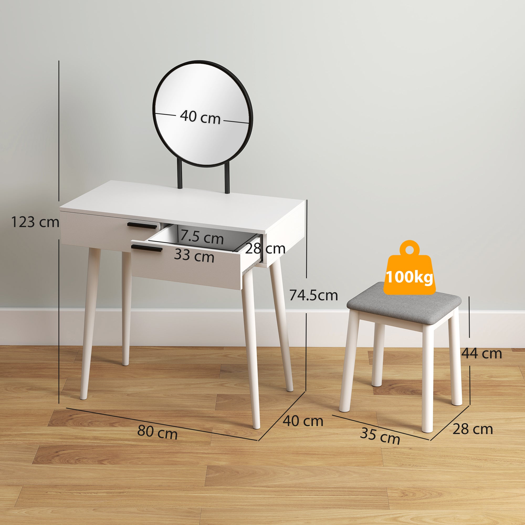 Kozy Dressing Table with Mirror and Stool, Vanity Makeup Desk Set with 2 Drawers, Cushioned Stool and Make-up Organiser for Bedroom and Dressing Room, 80 x 40 x 123 cm, White