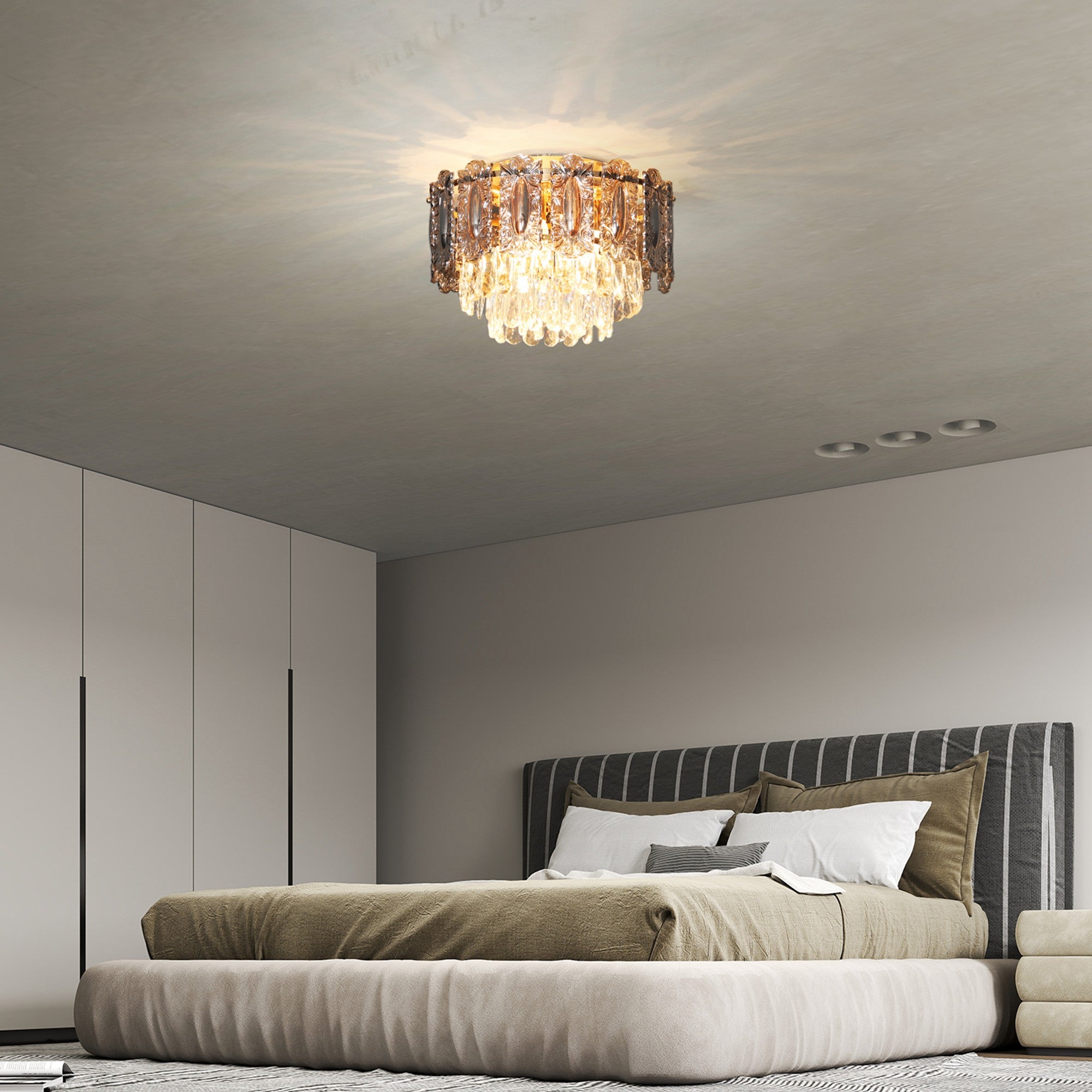 Kozy Chandelier Ceiling Light, 3-Light Vintage Flush Mount Fixture with Dual Crystal and Smoke Glass Shade, LED Ceiling Light for Living Room Bedroom, 3 E27 Sockets, Bulbs Not Included, Gold Tone