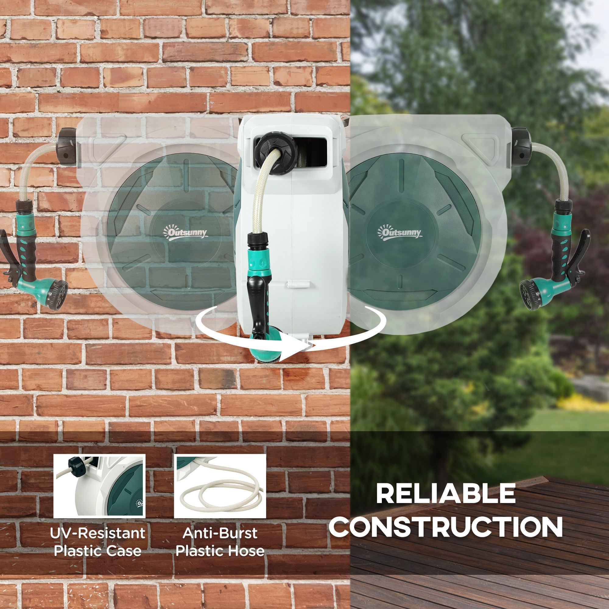 Kozy - Retractable Hose Reel Wall Mounted, 20+2m Garden Hose Pipe Reel with Lock, Auto Rewind, 7 in 1 Spray Nozzle, Includes Wall Fixings, 180° Swivel, Outdoor Watering, Light Grey