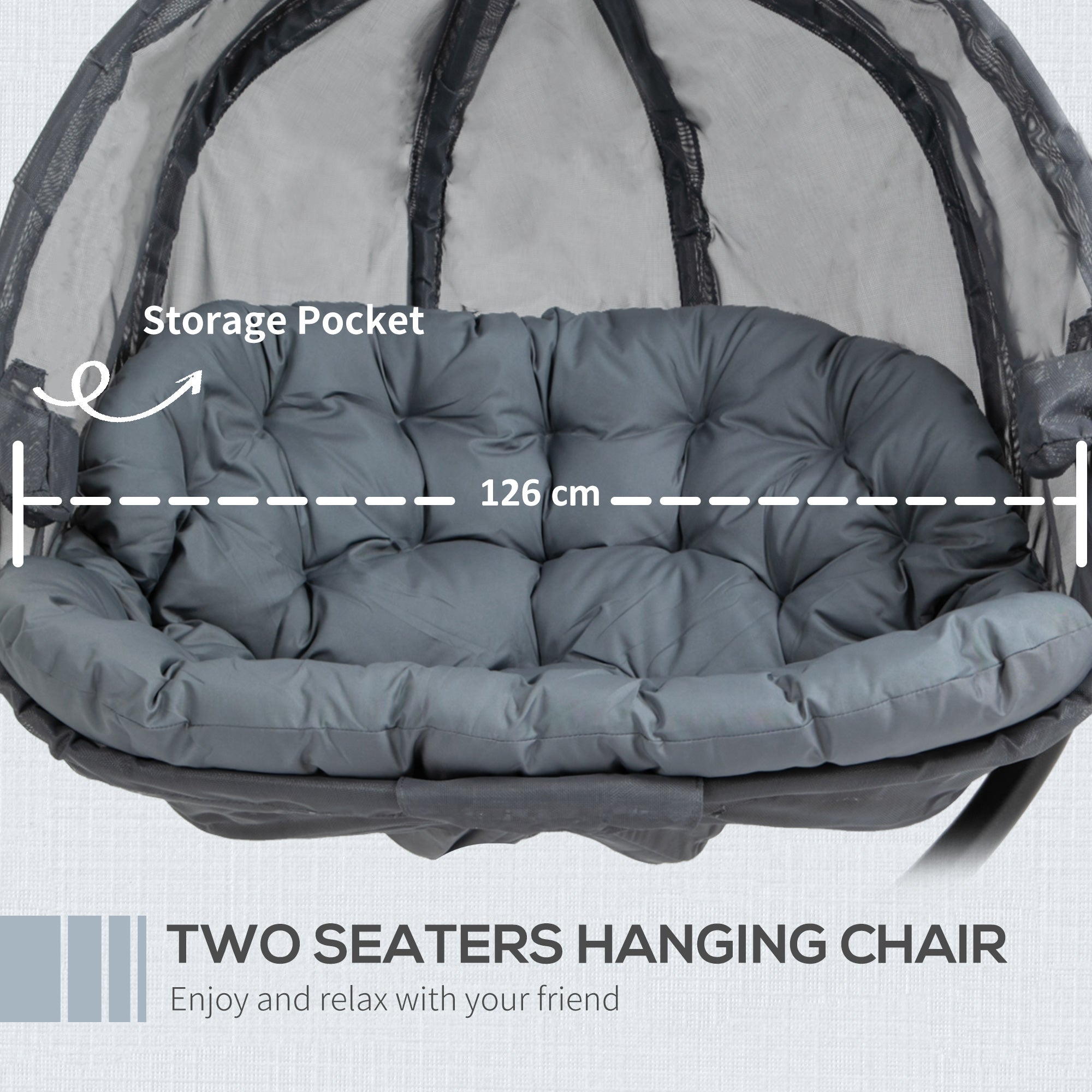 Kozy Double Hanging Egg Chair 2 Seaters Texteline Swing Hammock Chair with Stand, Cushion and Folding Design, for Indoor and Outdoor, Grey
