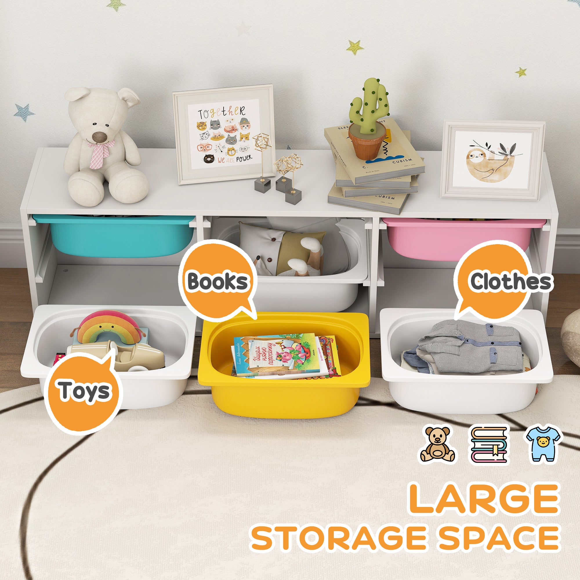 Kozy Low Height 2 Tiers Storage Organiser, Kids Toy Storage Unit with 6 Removable Bins for Bedroom, Nursery, Playroom
