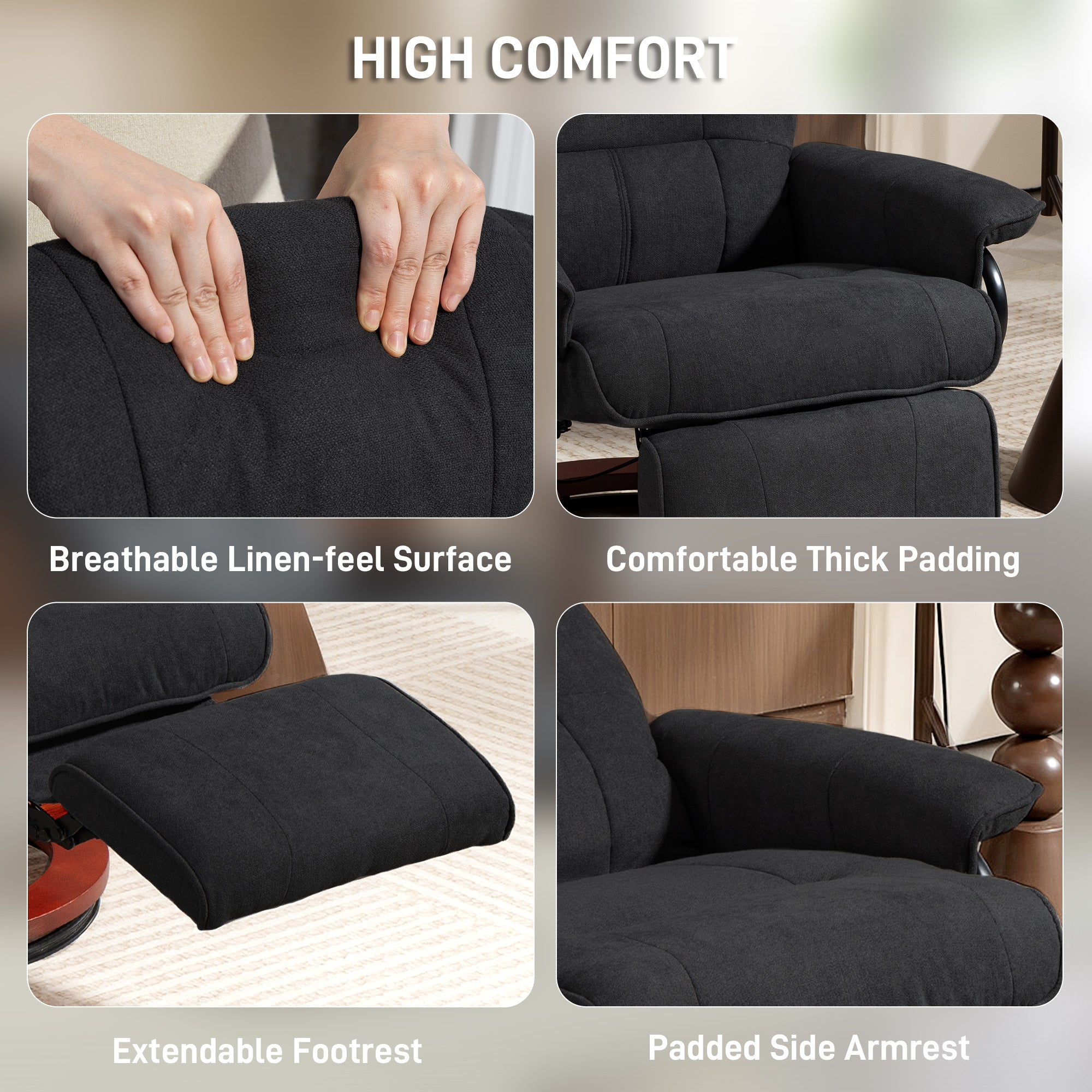 Kozy - Reclining Swivel Chair, with Footrest - Black