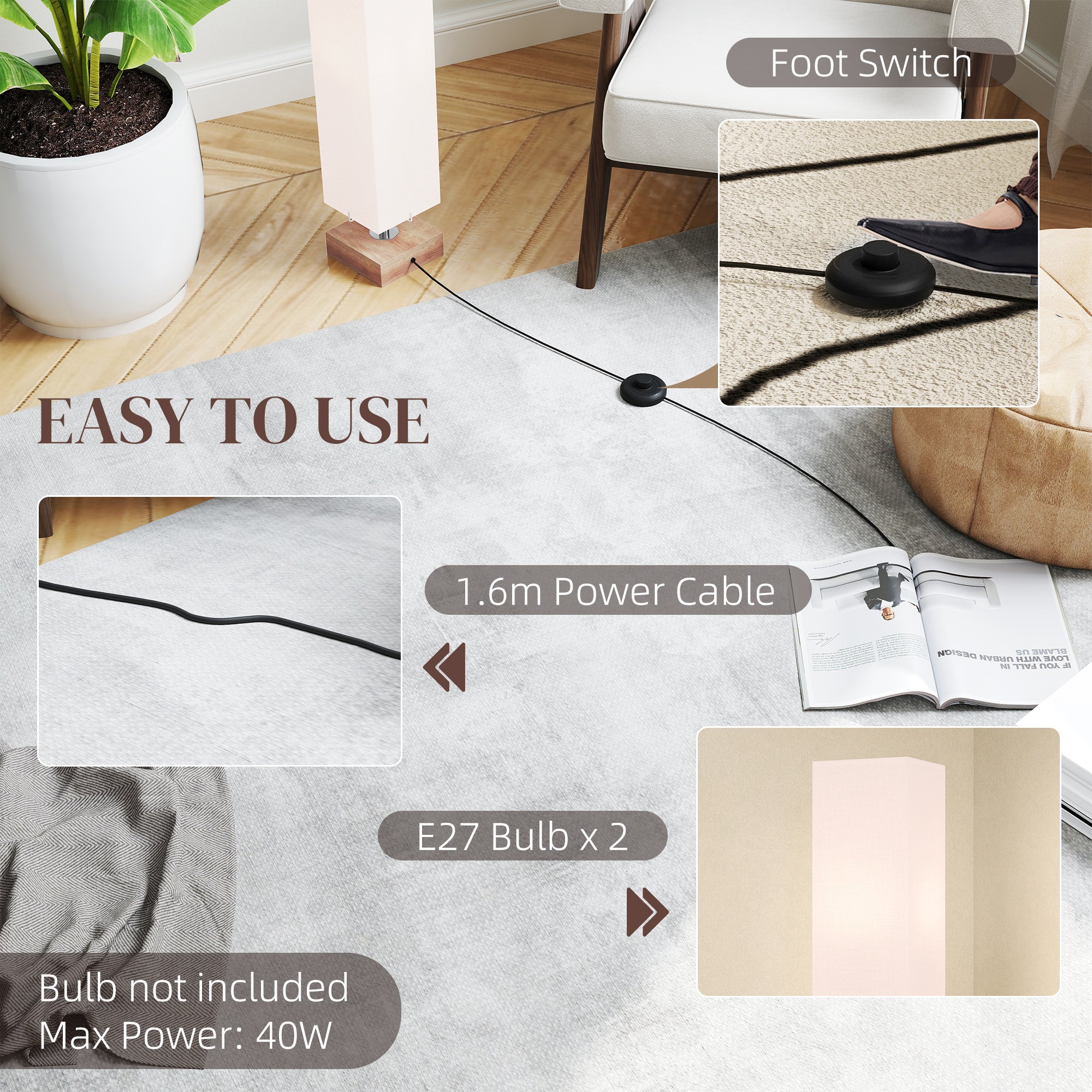 Kozy Floor Lamp, 120cm Standing Lamp with Linen Lampshade, Standard Light with Pine Wood Base for Living Room, Bedroom (Bulbs Not Included)