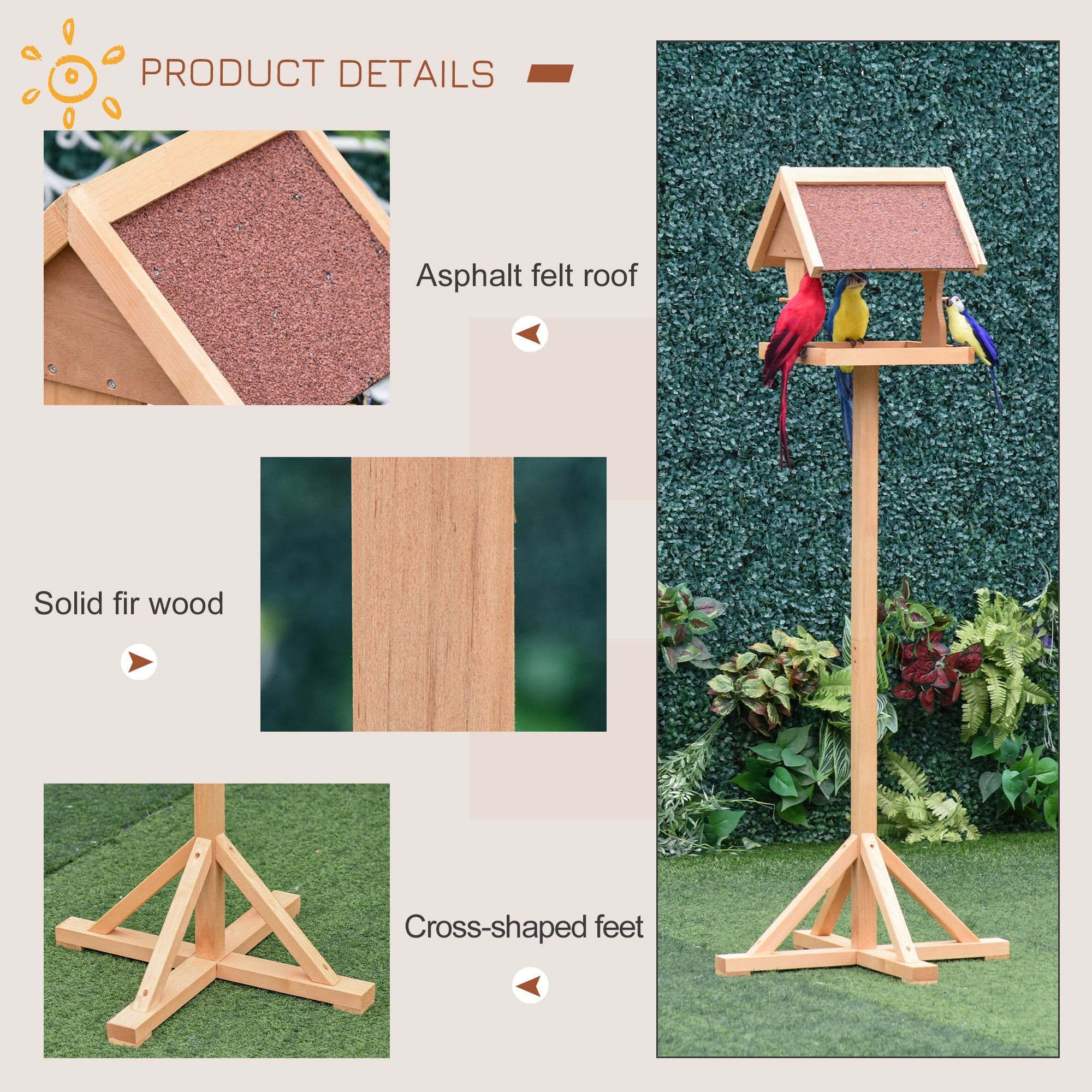 Kozy Wooden Bird Table Wild Bird Feeding Station Freestanding Feeder for Garden Outdoor 55 x 55 x 144cm