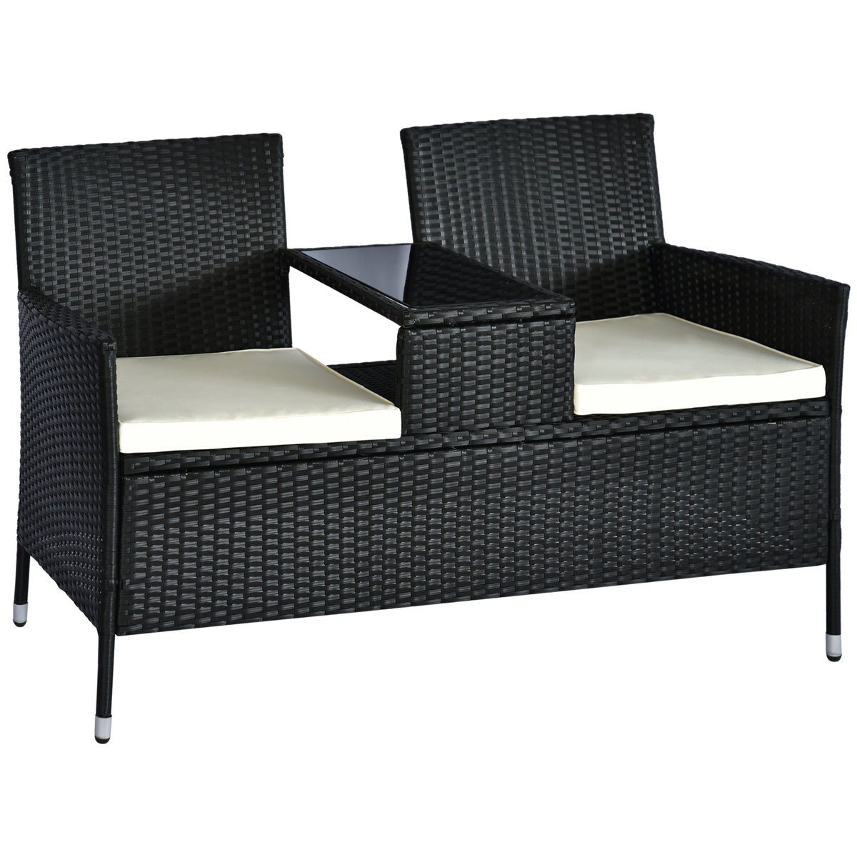Kozy 2 Seater Rattan Campanion Chair Wicker Loveseat Outdoor Patio Armchair with Drink Table Garden Furniture - Black
