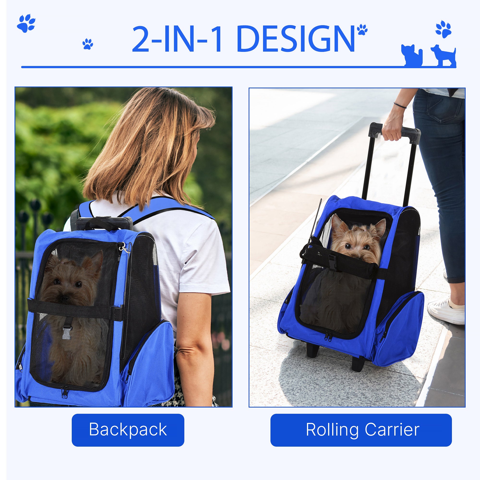 PawHut Portable Pet Carrier Backpack with Trolley, Telescopic Handle, Stroller Wheels for Cats & Dogs, 42 x 25 x 55 cm, Blue