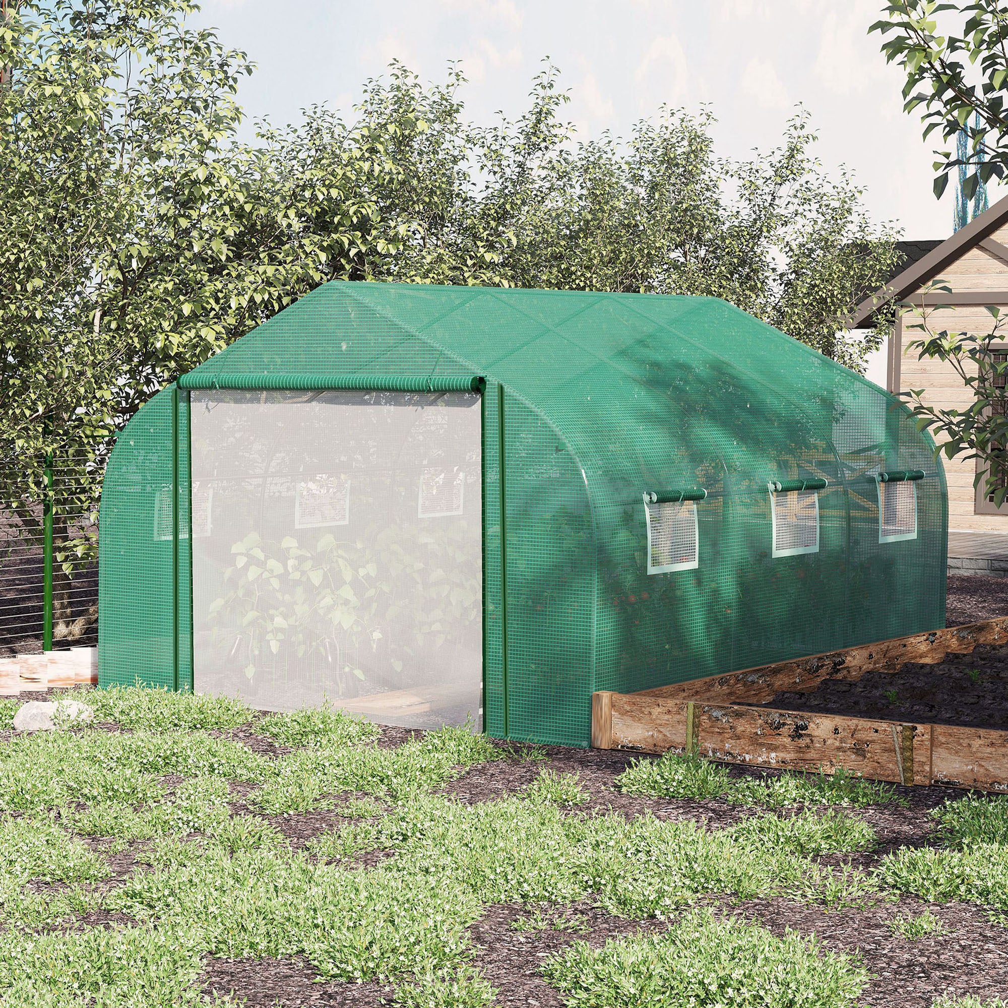 Kozy Walk-in Polytunnel Garden Greenhouse, Outdoor Mesh Door Greenhouse with PE Cover and 6 Windows, 3.5 x 3 x 2m, Green