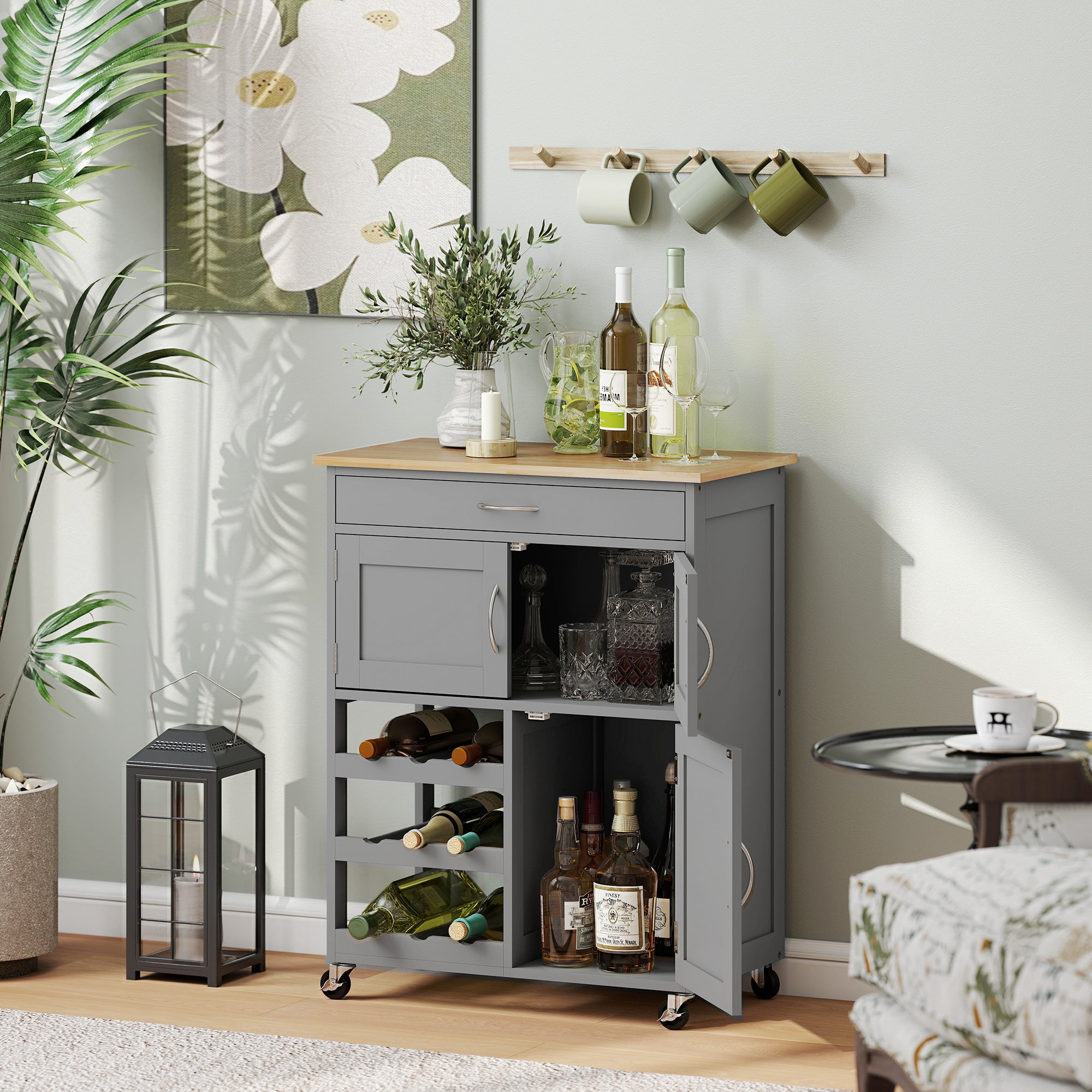 Kozy Modern Kitchen Trolley, Rolling Island Storage Cart with Drawer, 9-bottle Wine Rack, Door Cabinets, Wooden Countertop, Grey