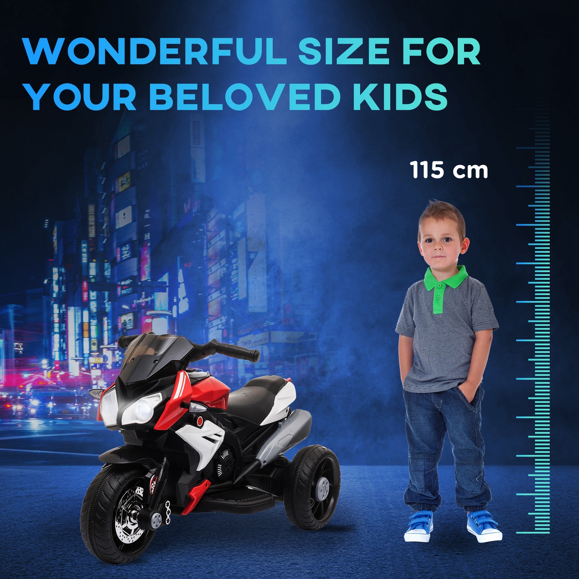 Kozy Kids Electric Motorcycle Ride-On Toy, with Three Wheels, Music, Horn, Lights, Red