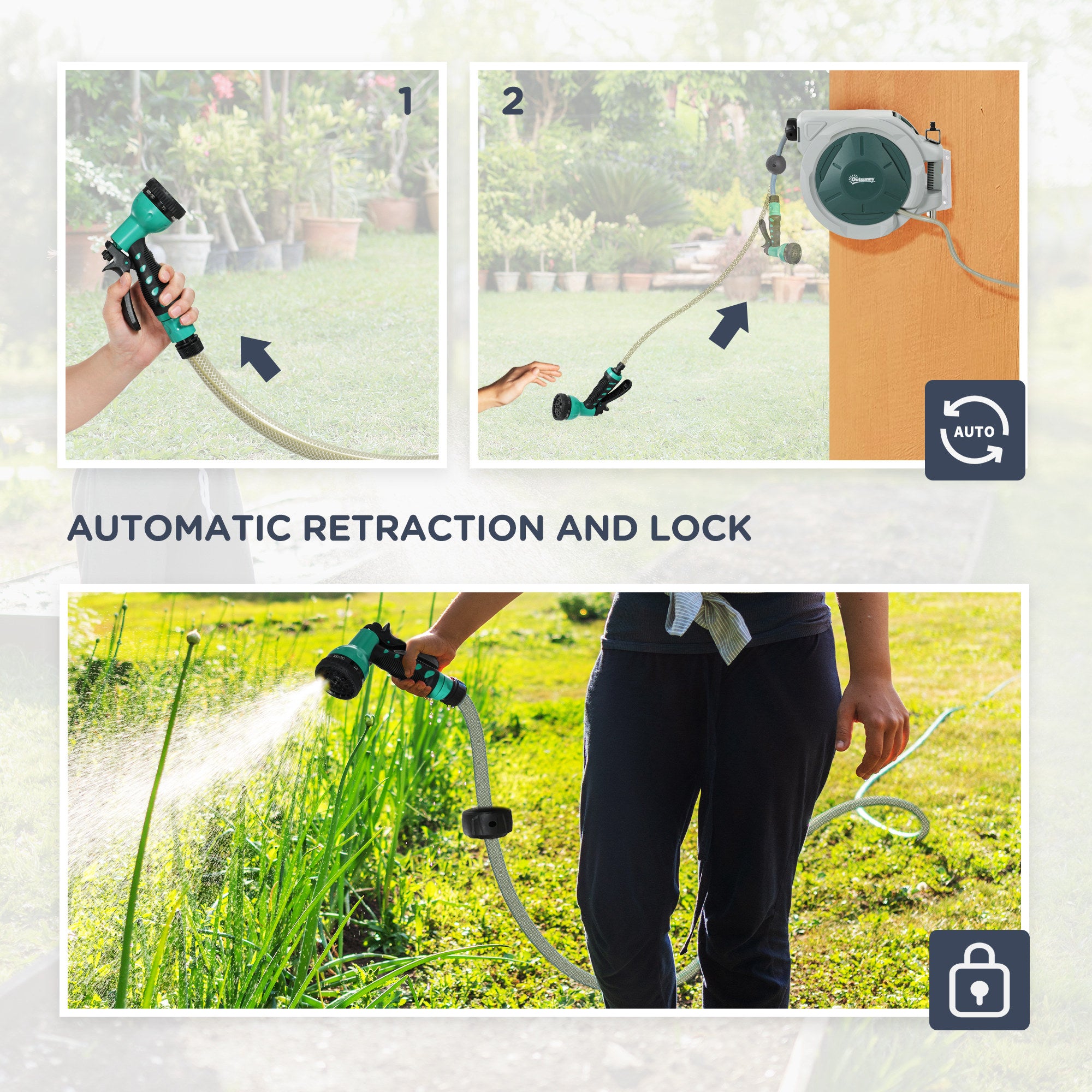 Kozy - Retractable Hose Reel Wall Mounted, 30+2m Garden Hose Pipe Reel with Lock, Auto Rewind, 7 in 1 Spray Nozzle, Includes Wall Fixings, 180° Swivel, Outdoor Watering, Grey