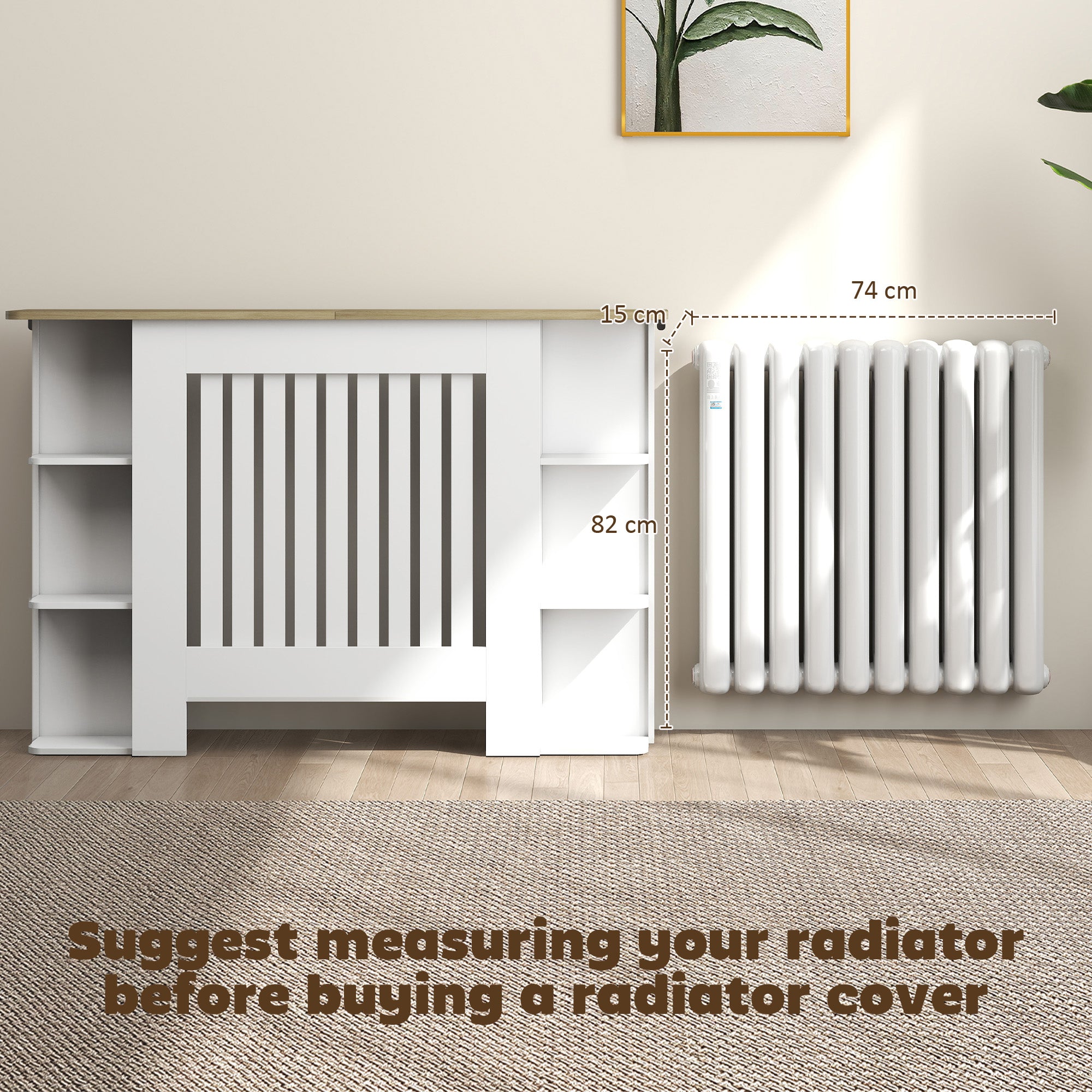 Kozy Radiator Cover with Open Storage Shelves, Vertical Slatted Cabinet Shelf Heater Cover for Living Room, Hallway, Medium, White (H: 83 / W: 124 / D: 19 cm)