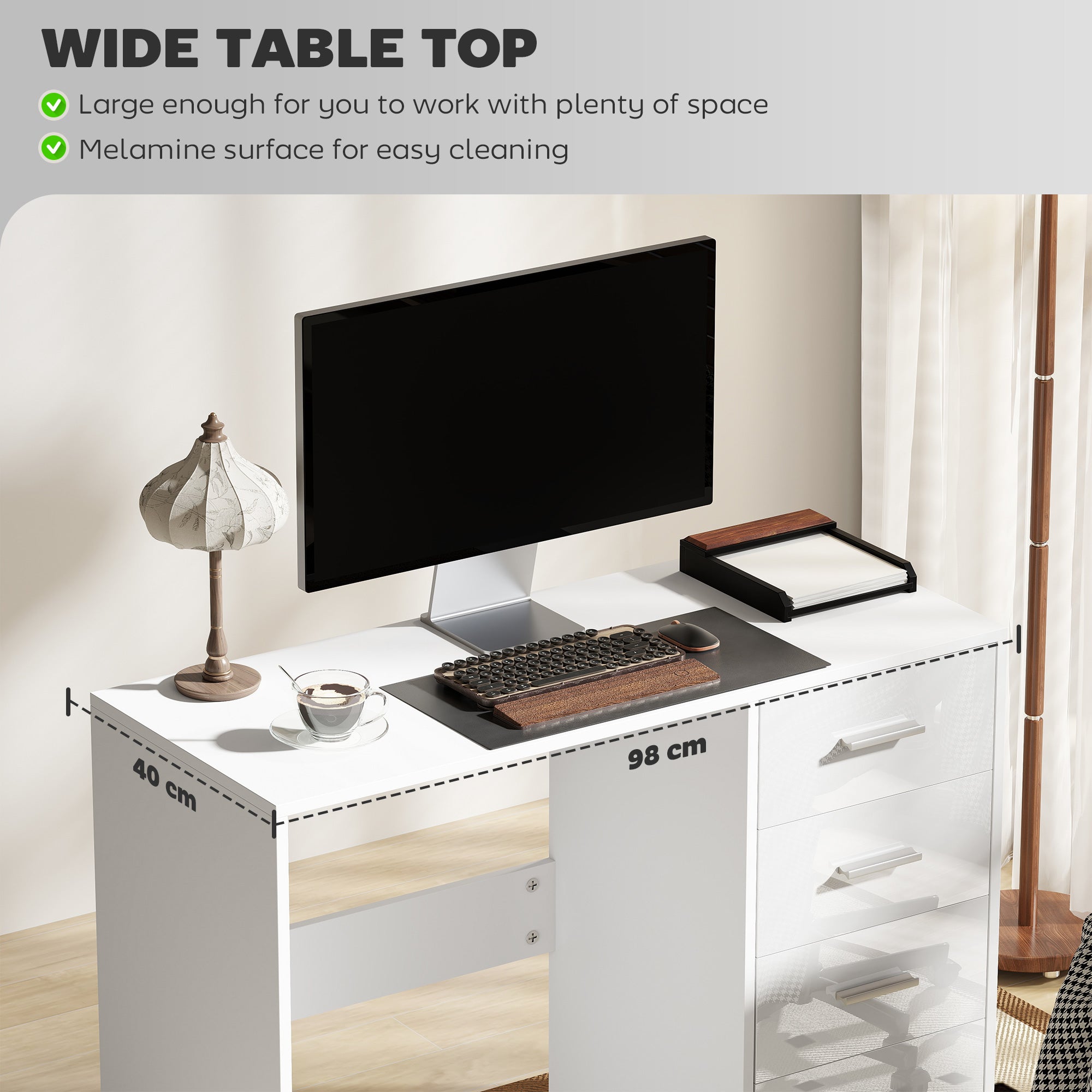 Kozy Computer Desk with Drawers, Dressing Table, High Gloss Home Office Writing Workstation, White