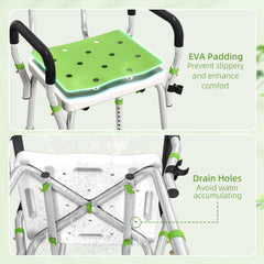 Kozy - EVA Padded Shower Chair for the Elderly and Disabled, Height Adjustable Shower Stool with Back and Arms, 4 Suction Foot Pads, Green