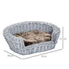 PawHut Pet Sofa Bed, Willow Rattan Basket with Soft Cushion, Durable, for Cats & Small Dogs, 57L x 46W x 17.5H cm, Grey