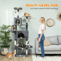 Kozy - 202cm Large Cat Tree with 6 Scratching Posts, 2 Hammocks, 2 Condos, 2 Perches, Pompoms, for Indoor Cats to Rest and Play
