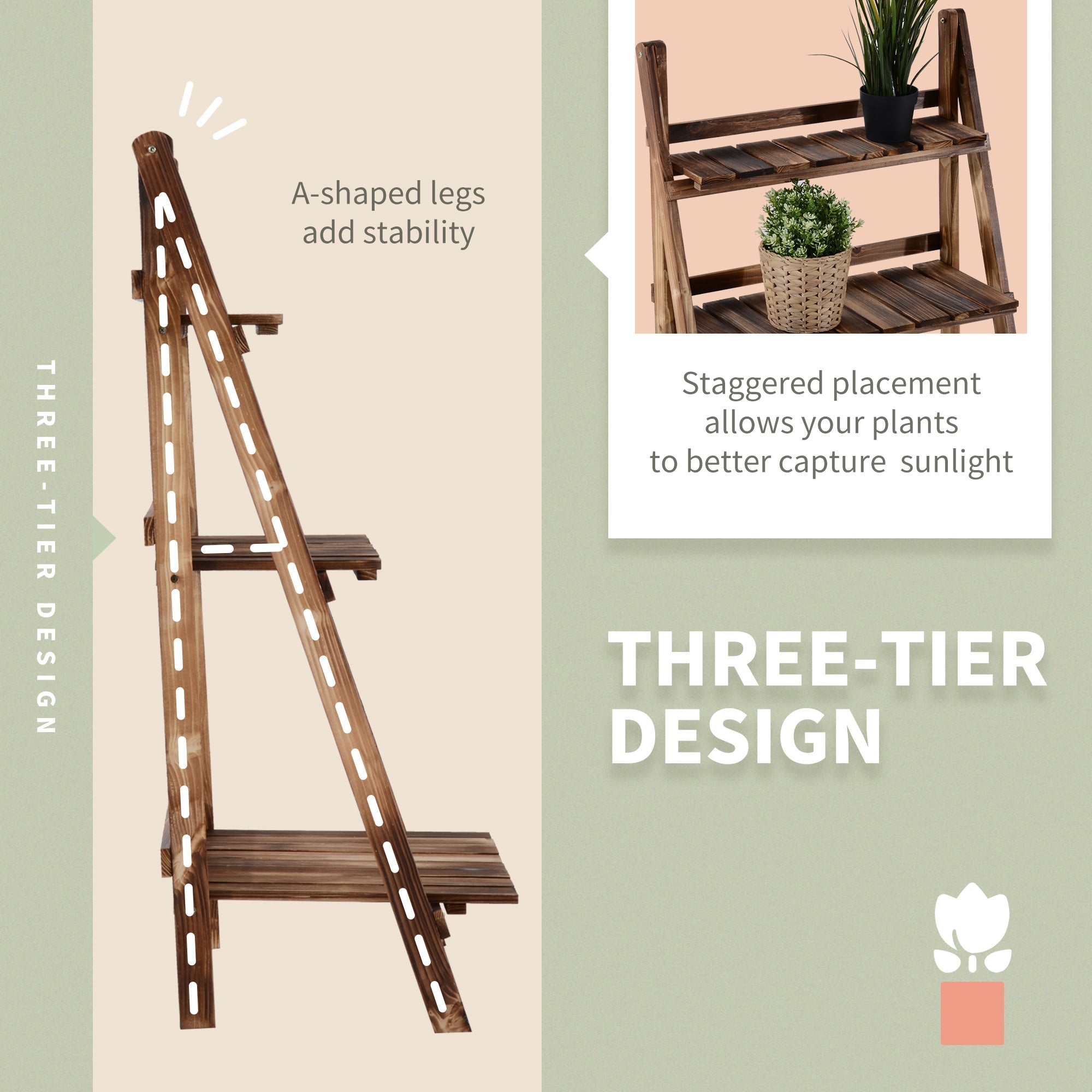 Outsunny Wooden Folding Flower Pot Stand 3 Tier Garden Planter Display Ladder Gardener Storage Shelves Rack (60L x 37W x 93H (cm)) | Aosom UK