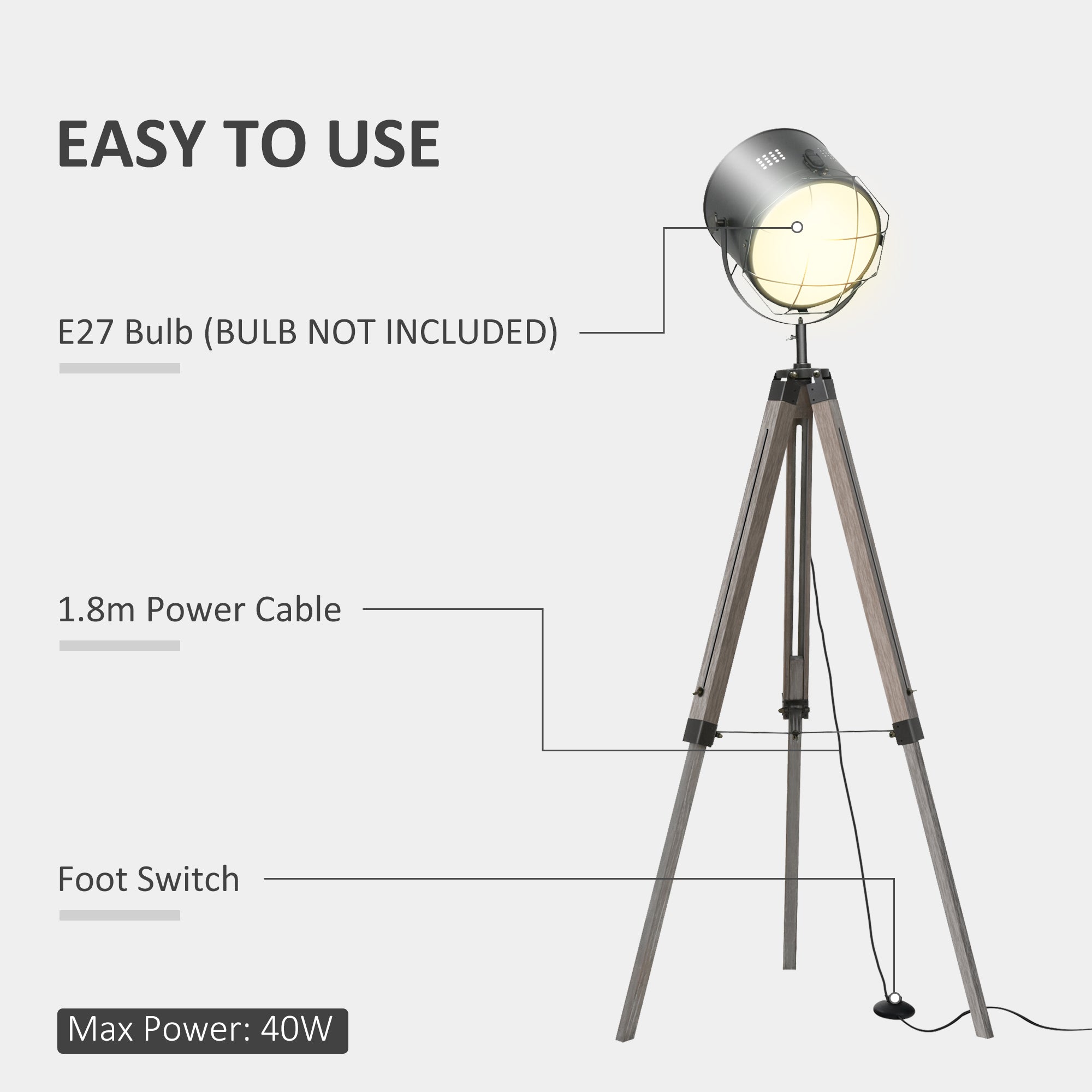 Kozy Floor Lamp with Adjustable Tripod for Living Room Bedroom, Vintage Spotlight Reading Lamp with Wood Legs, 115-155cm, Grey