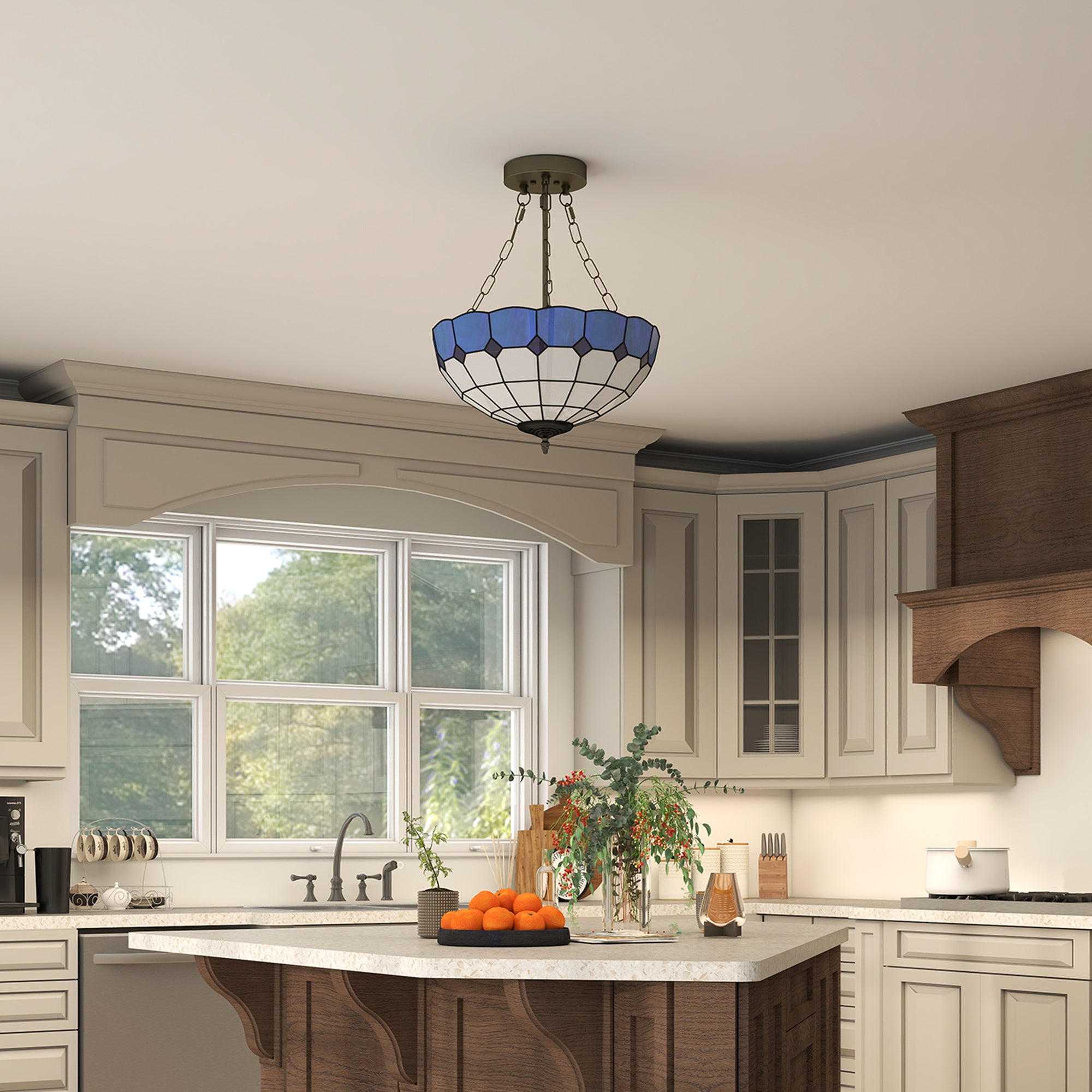 Kozy Tiffany Style Ceiling Light, Vintage Chandelier with 3 E27 Sockets, Semi Flush Mount for Living Room, Bulbs Not Included