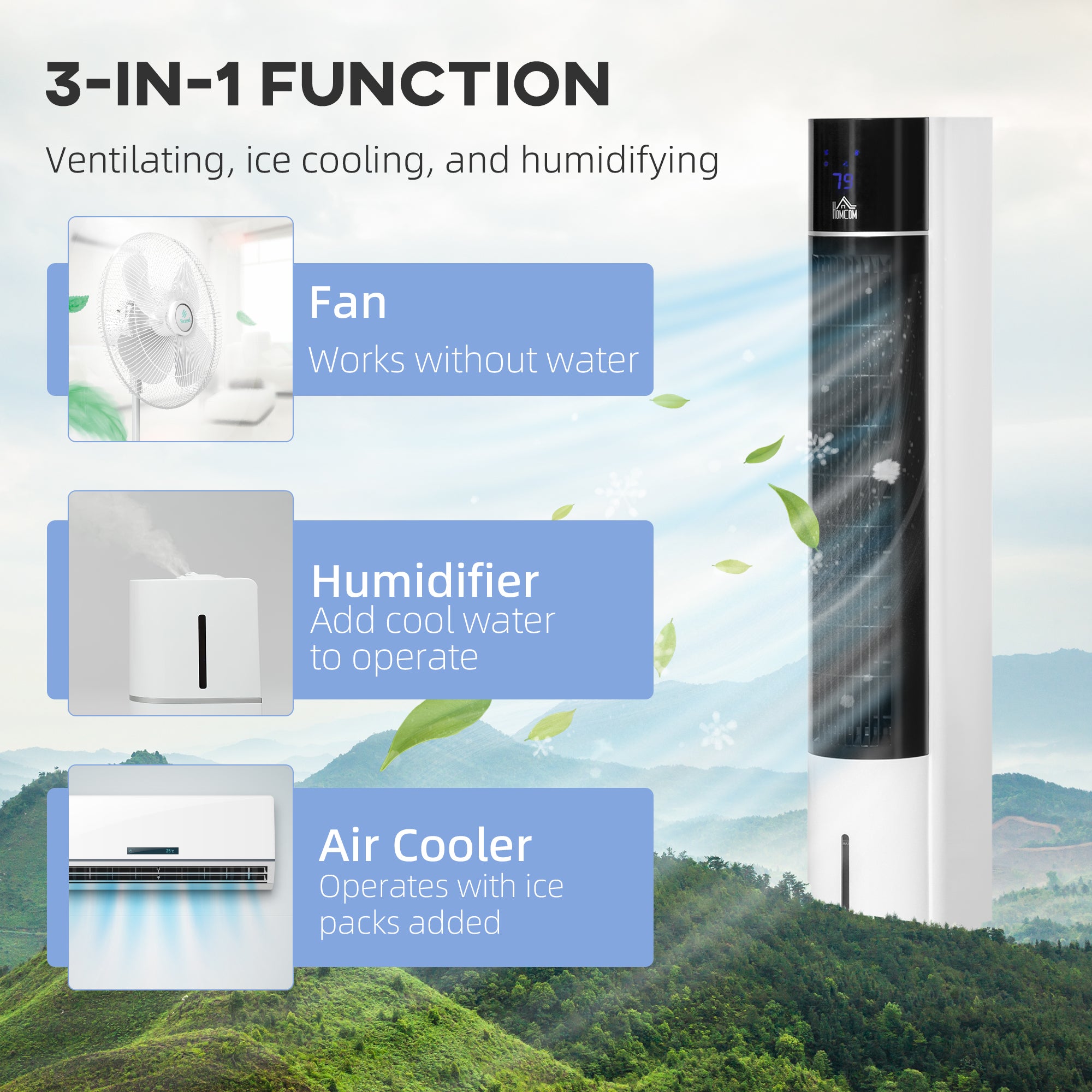 Kozy Portable Air Cooler, 3L Tank Evaporative Ice Cooling Tower Fan with 3 Modes, 3 Speeds, Remote, Timer, 60° Oscillating, Portable Swamp Cooler for Home Bedroom, White
