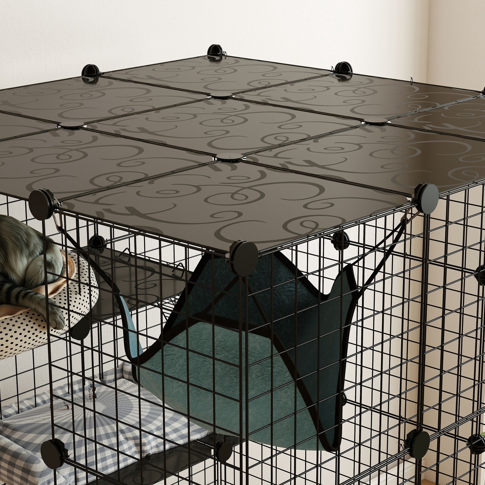Kozy - Steel Wire Cat Cage Indoor with Hammock, Ramps, Doors, DIY Cat Enclosure for 1-3 Cats, Black