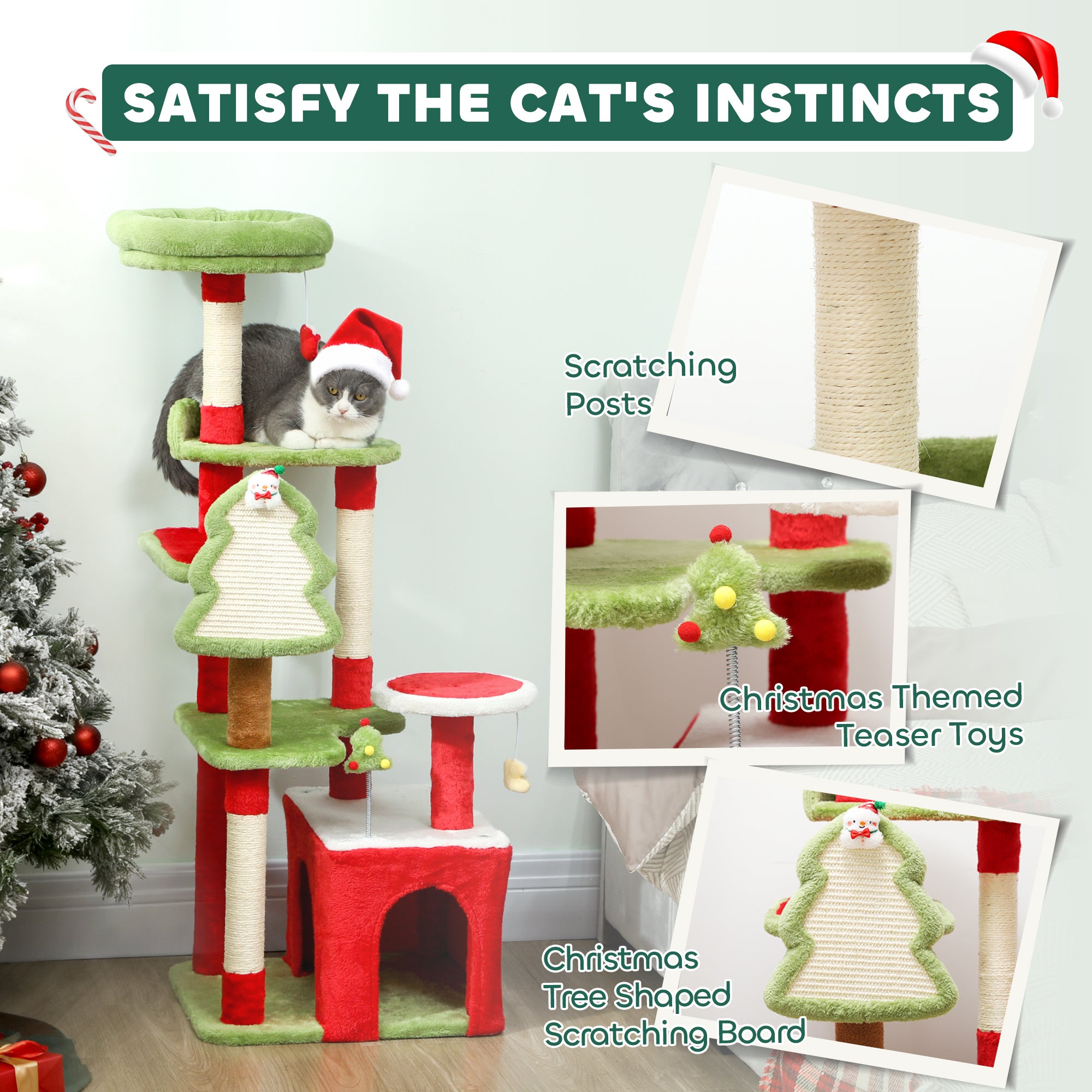 Kozy Cat Tree, 120cm Christmas Cat Tower with 3 Scratching Posts, Scratching Board, 2 Perches, Platforms, Toys, Green
