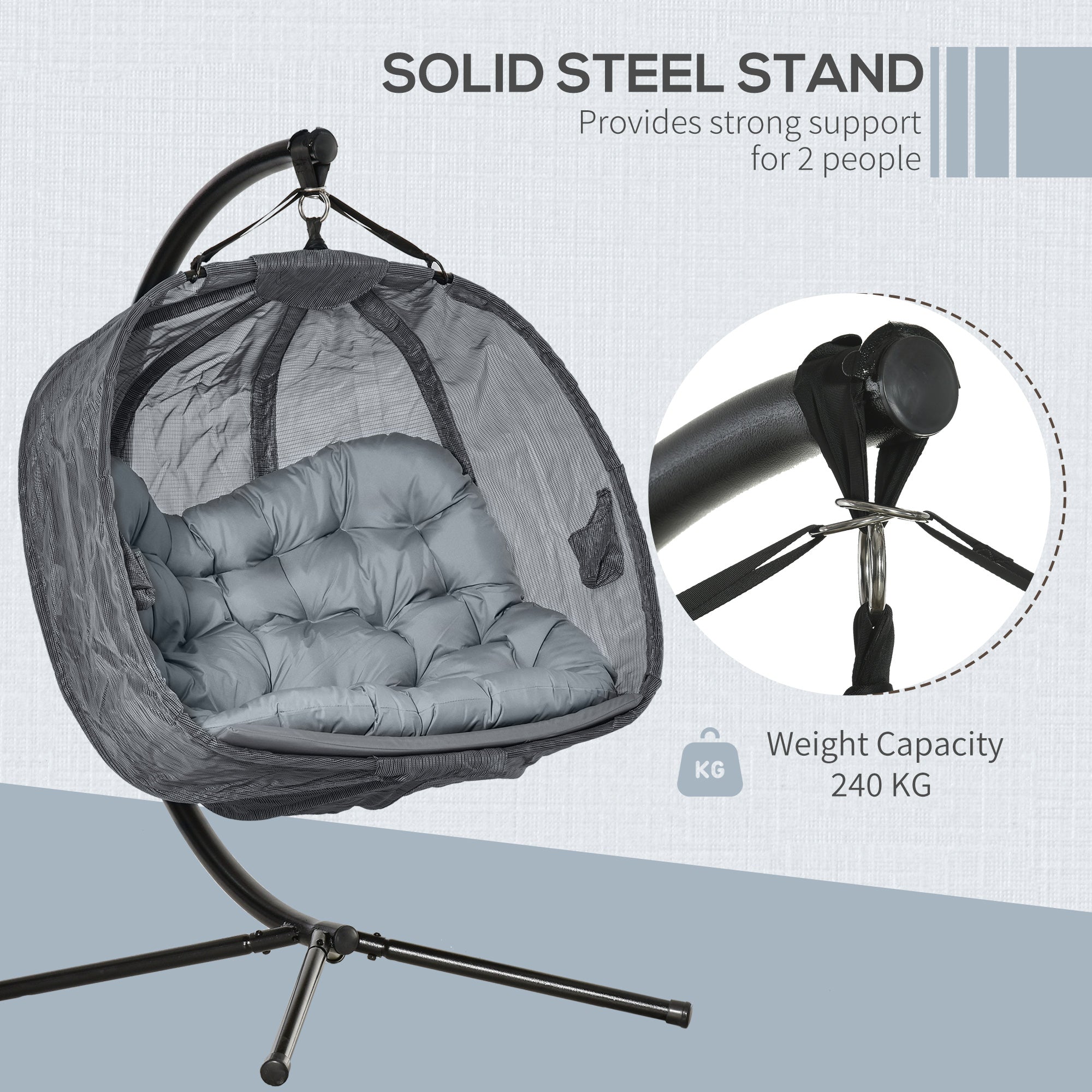 Kozy Double Hanging Egg Chair 2 Seaters Texteline Swing Hammock Chair with Stand, Cushion and Folding Design, for Indoor and Outdoor, Grey