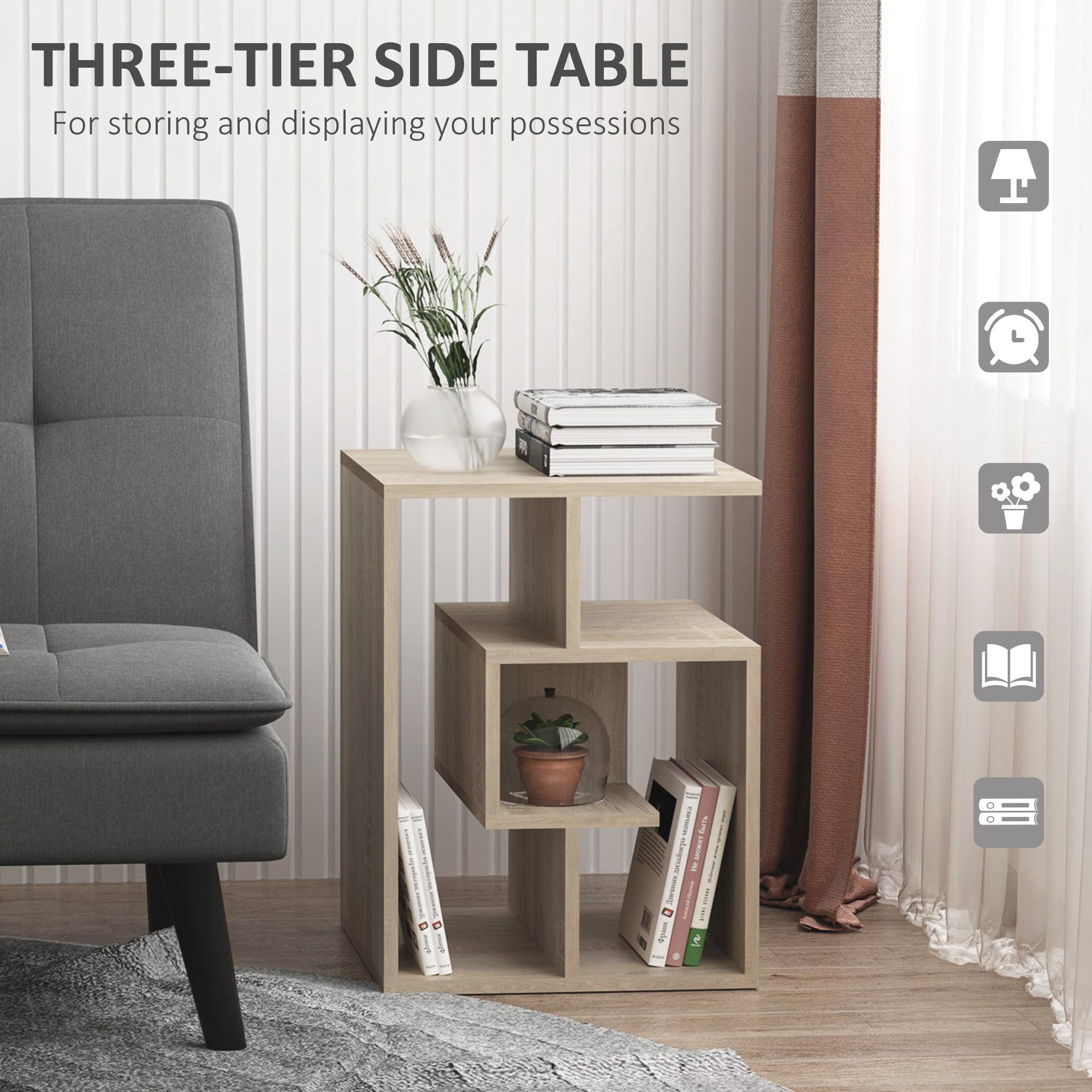 HOMCOM 3 Tier Side Table, Oak Colour End Table with Open Storage Shelves, Living Room Coffee Table Organiser Unit