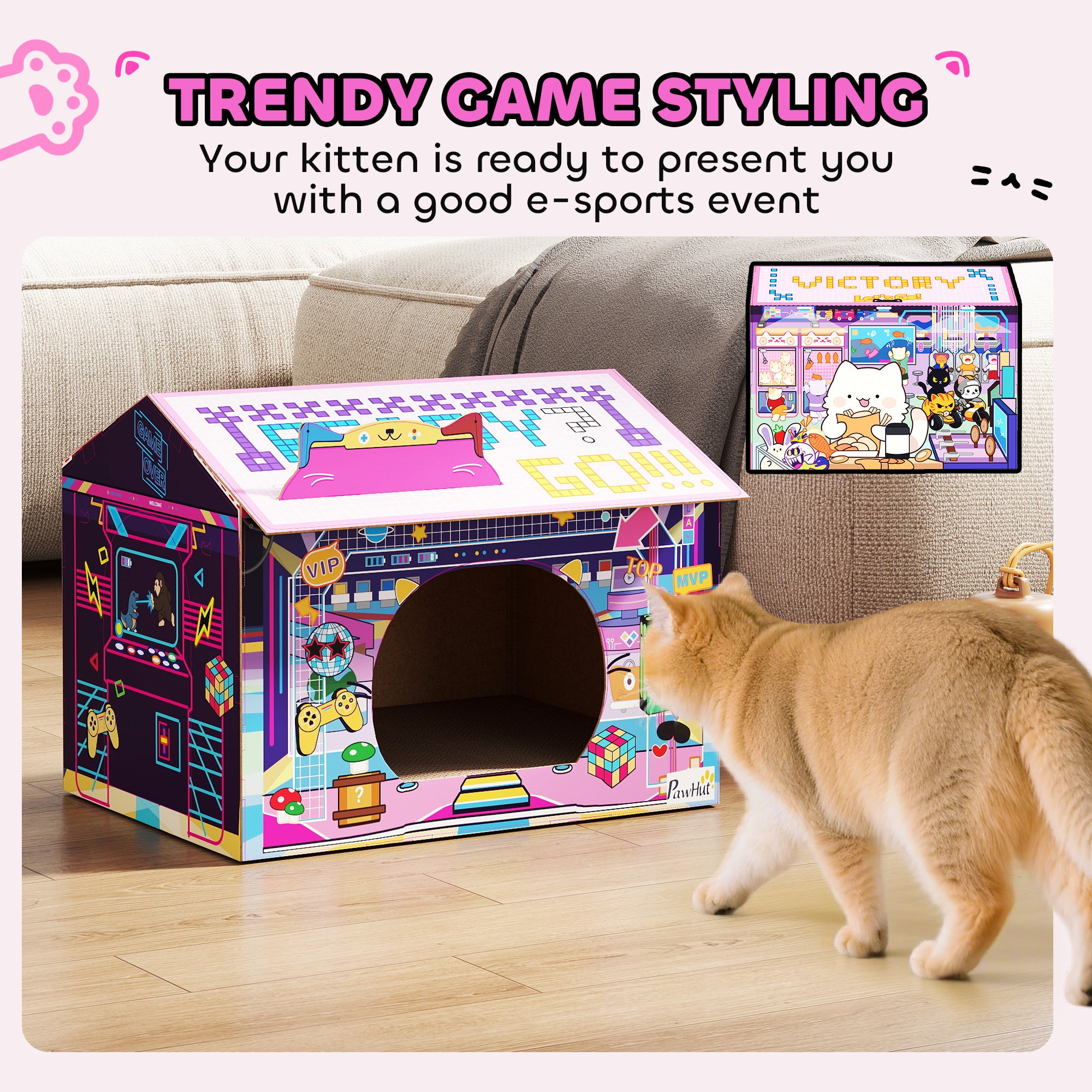 Kozy 2 in 1 Gaming Style Cardboard Cat House with Scratching Board & Catnip for Indoor Cats, Pink
