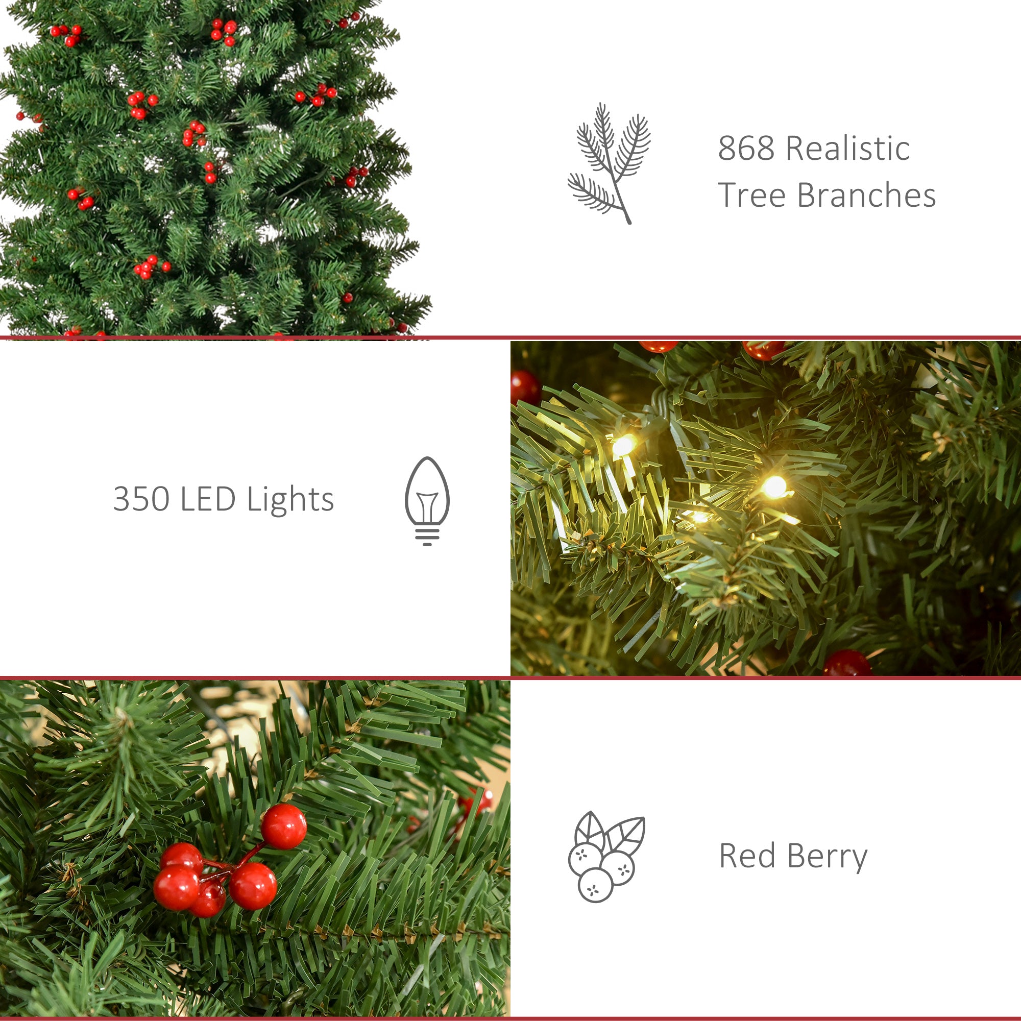 HOMCOM 7FT Prelit Artificial Pencil Christmas Tree with Warm White LED Light, Red Berry, Holiday Home Xmas Decoration, Green